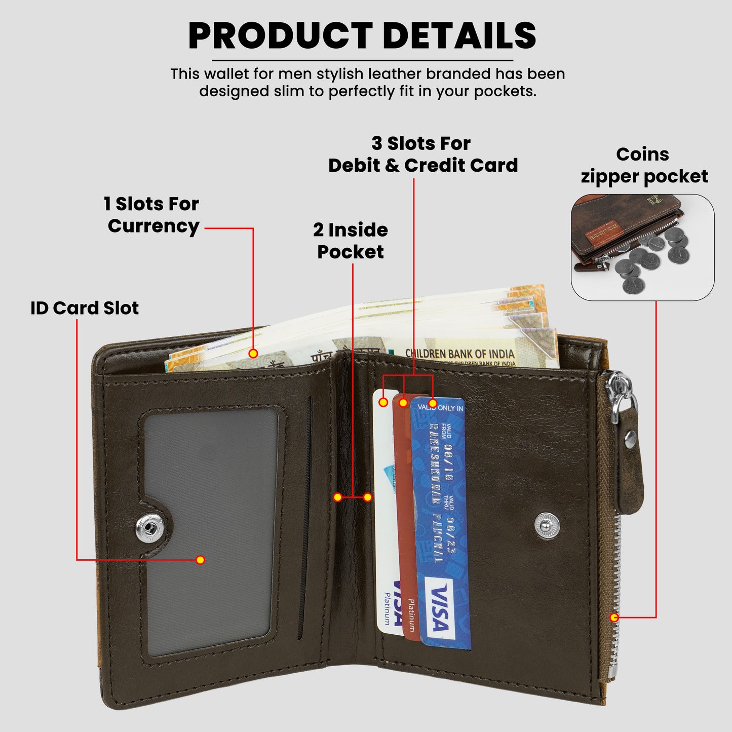 Storite RFID Blocking Men’s Bifold Zipper Wallet – Slim Wallet with Card Slots and Coin Pocket (Coffee)