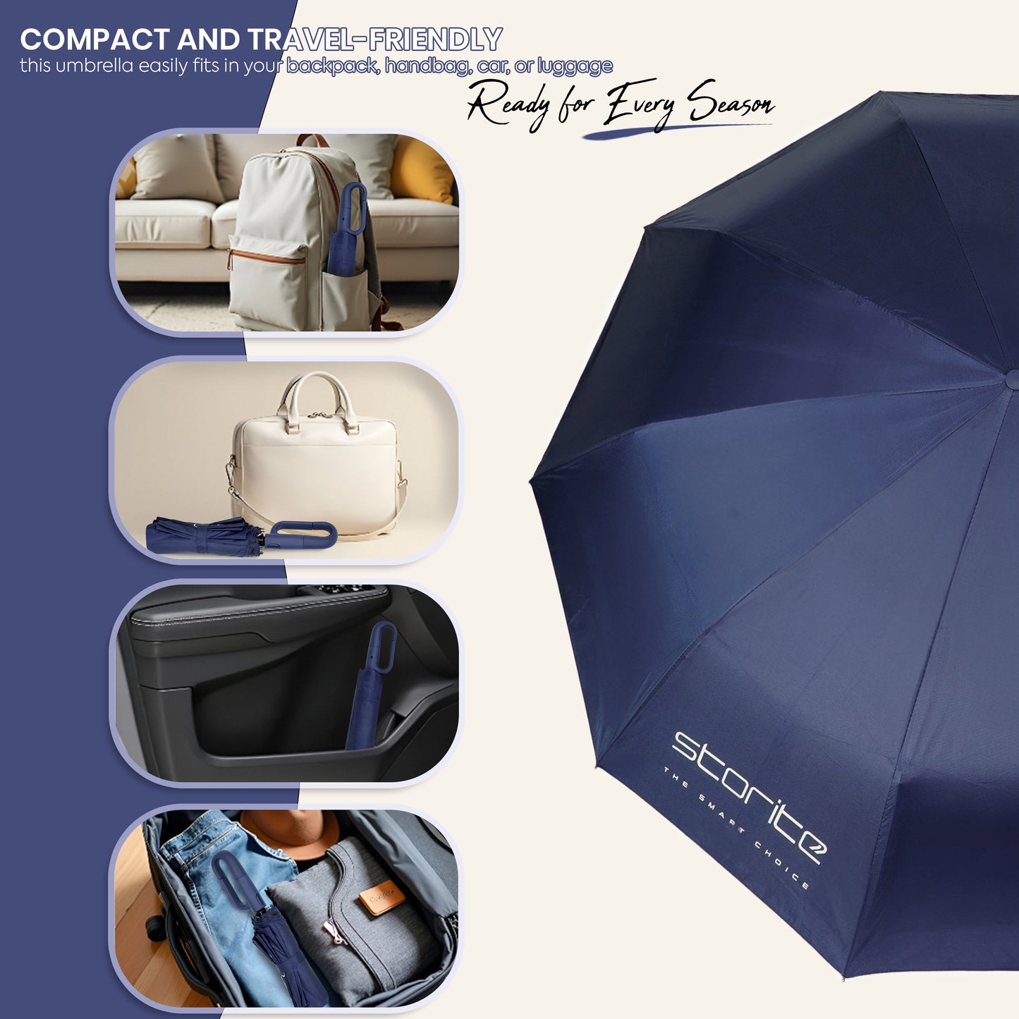 Storite UV Umbrella with Novelty Carabiner Handle, Travel Umbrellas for Rain and Sun Windproof Compact, Automatic Open Close, 10 Ribs, Portable Umbrella for Men and Women (Blue)