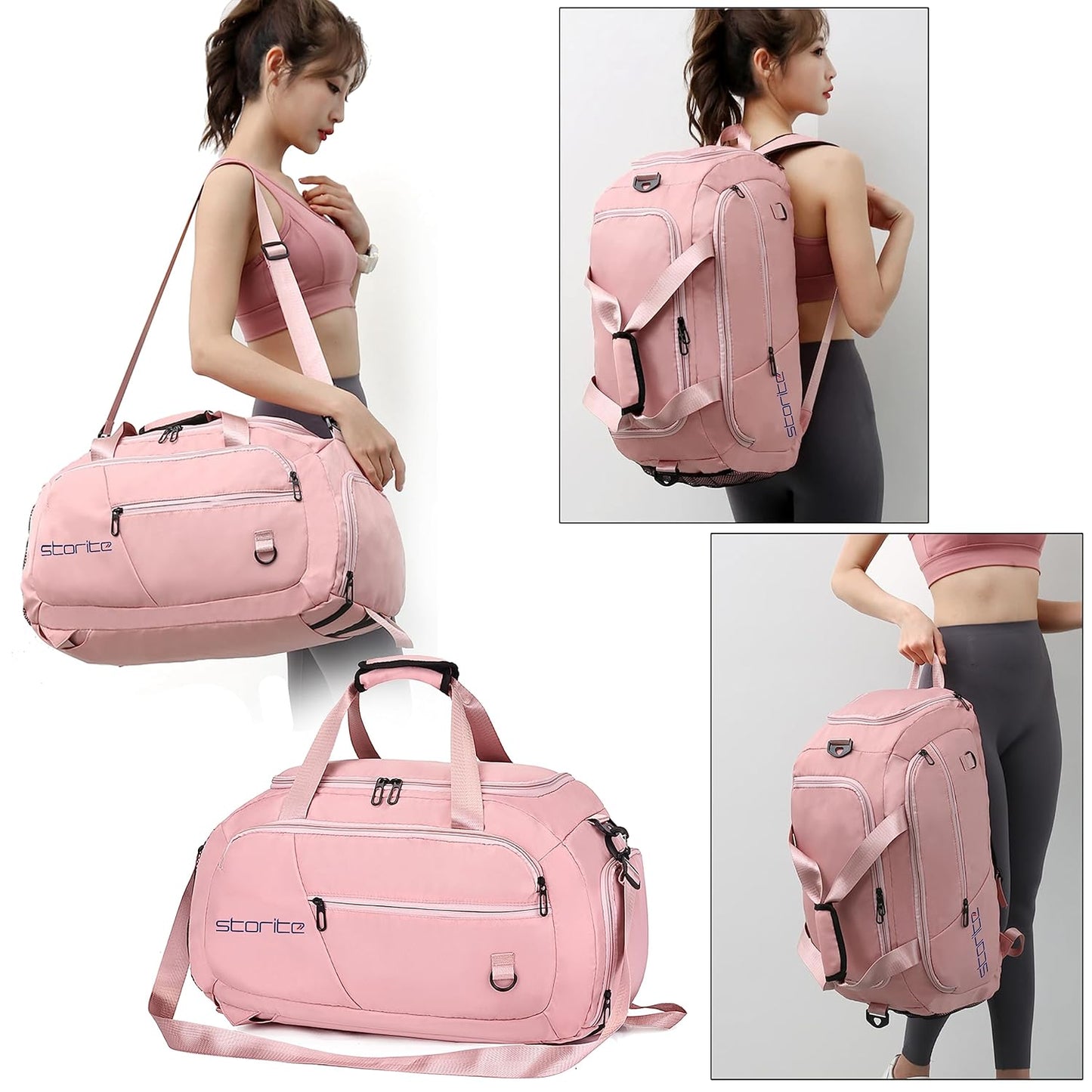 Storite 54 CM Nylon Travel Duffle Bag for Women with Wet/Dry Pocket Shoe Compartment - Pink
