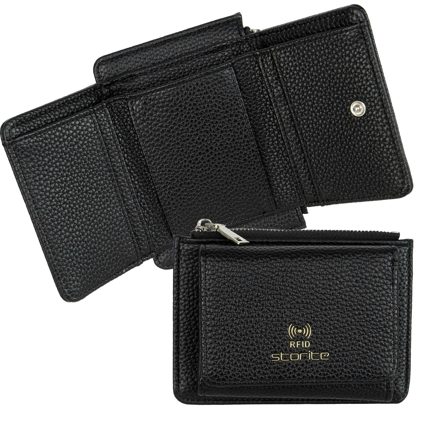 Storite Zipper Wallet for Women with RFID Protection – Elegant & Compact Design & Easy to Fit in Pocket,5 Card Slots,1 ID Window Mini Purse Money Pocket with Button Closure - Black