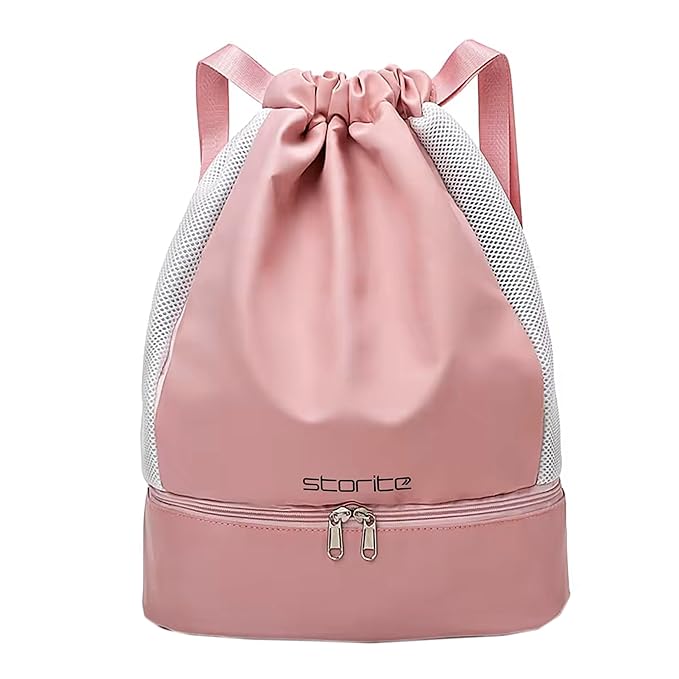 Storite Pink Drawstring Backpack with Shoe Compartment – Sports Gym