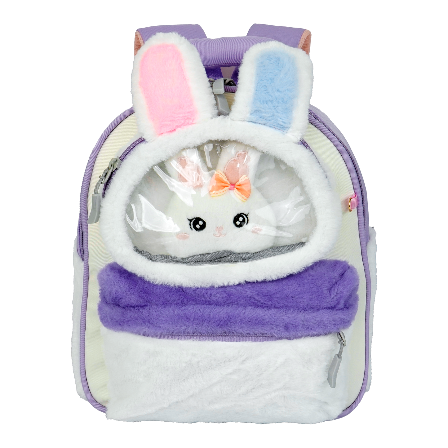 Storite Plush Bunny Ears Kids Backpack – Soft & Cute School Bag for Kindergarten & Preschool – White & Purple