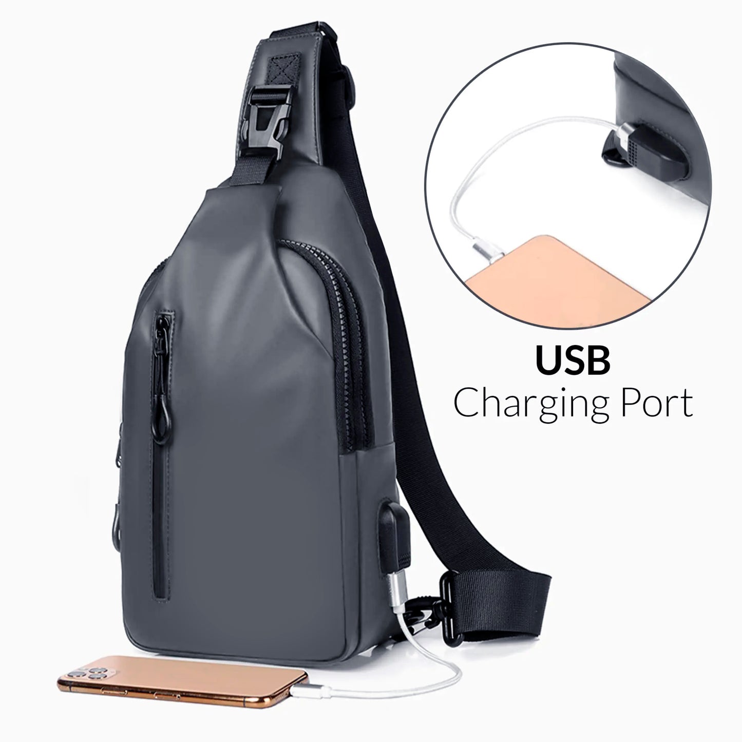 Storite Stylish Crossbody Sling Bag for Men & Women, Anti-Theft Chest Bag with USB Charging Port, Messenger Bags, Casual Shoulder Bag - Grey