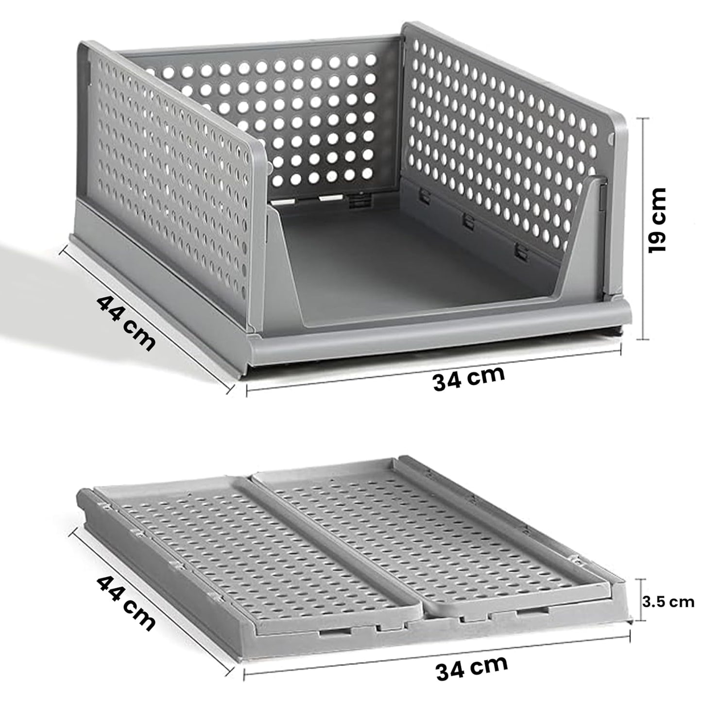 Storite Set of 2 Foldable Wardrobe Organizers - Stackable Plastic Racks for Clothes, Shirts, T-Shirts, and Jeans - Grey