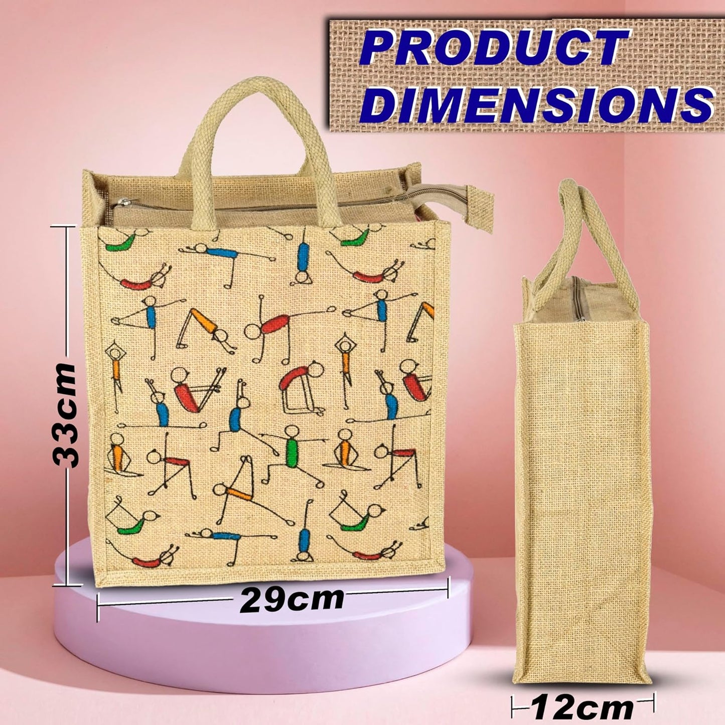 Storite Pack of 2 Eco-Friendly Jute Bags with Yoga Print - Reusable Grocery, Shopping, and Lunch Bags with Sturdy Handle and Zipper Lock