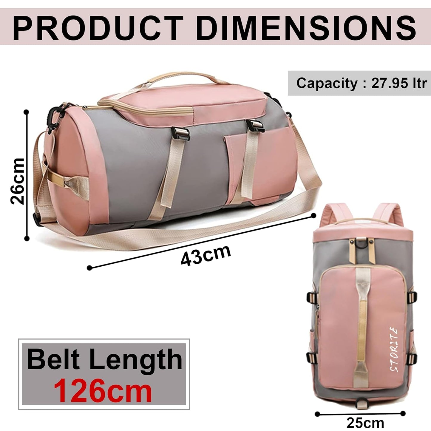 Storite - 25 CM Nylon Lightweight Waterproof Duffle Bag Pink/Grey
