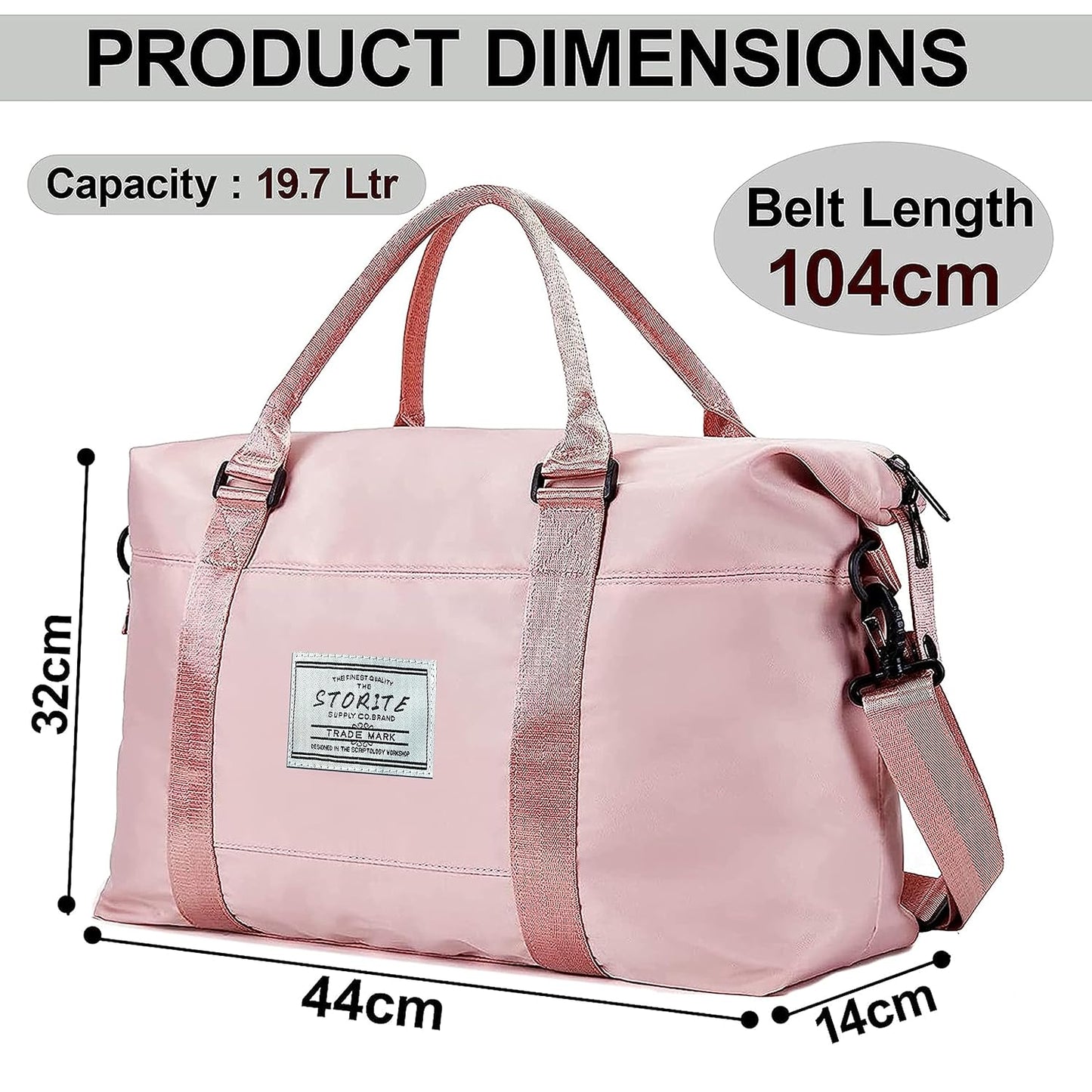 Storite 44cm Nylon Duffel Bag for Women - Waterproof Gym and Travel Tote with Wet Pocket - Pink