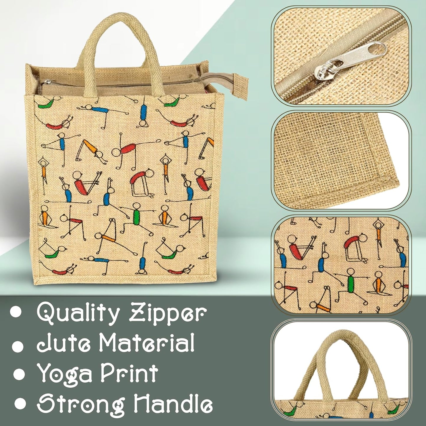 Storite Pack of 2 Eco-Friendly Jute Bags with Yoga Print - Reusable Grocery, Shopping, and Lunch Bags with Sturdy Handle and Zipper Lock