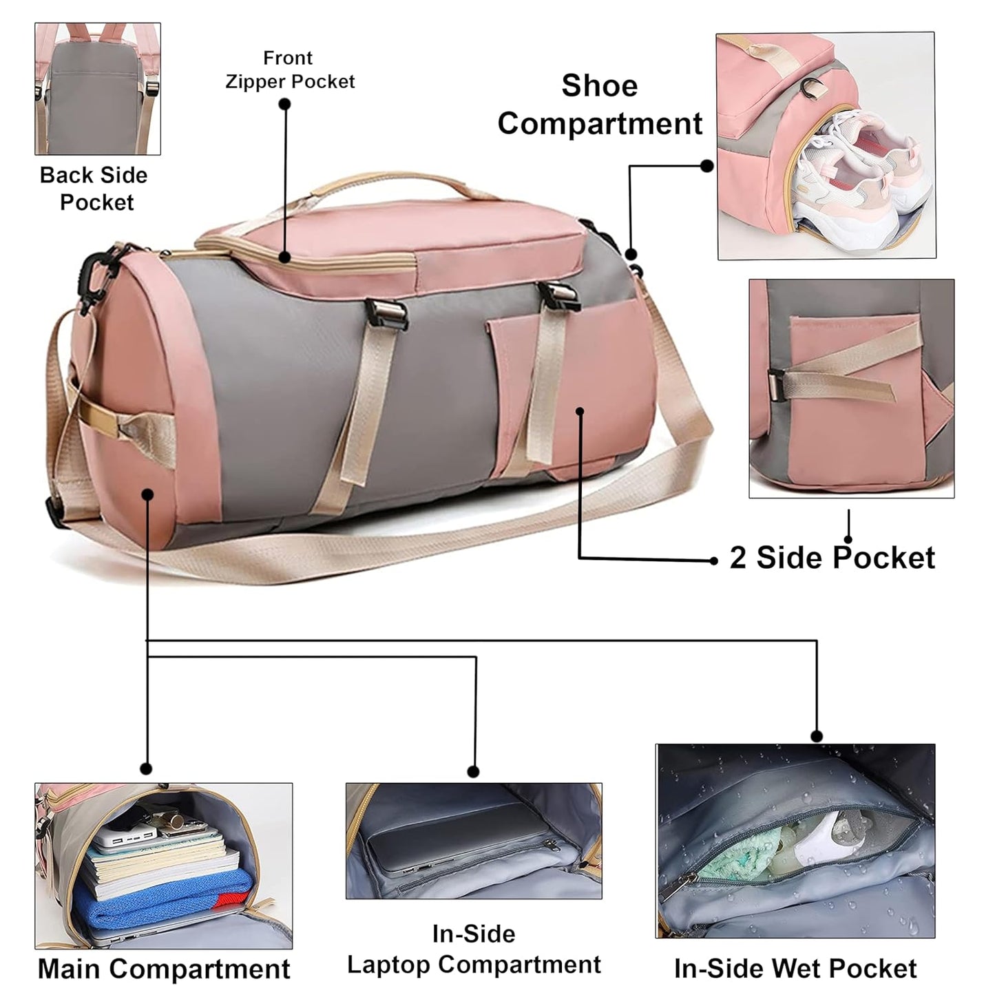 Storite - 25 CM Nylon Lightweight Waterproof Duffle Bag Pink/Grey