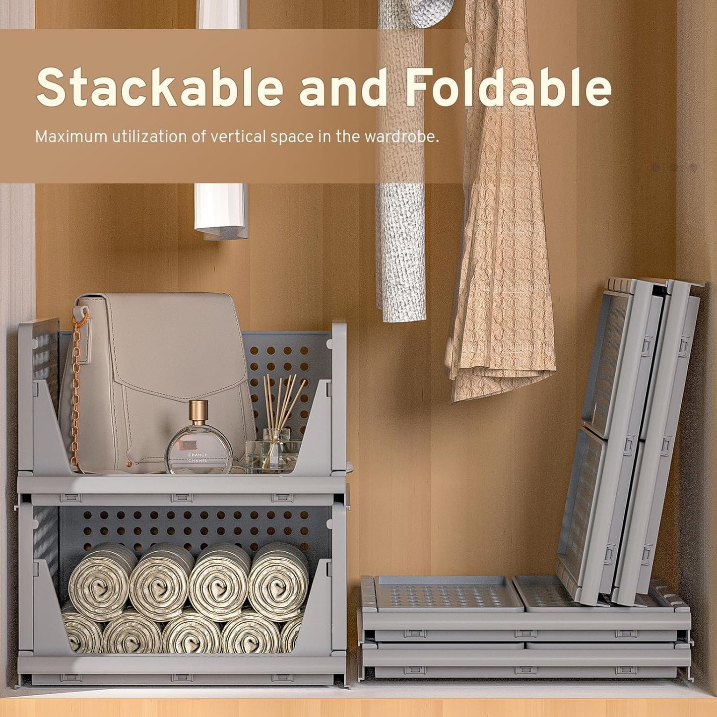 Storite Set of 2 Foldable Wardrobe Organizers - Stackable Plastic Racks for Clothes, Shirts, T-Shirts, and Jeans - Grey