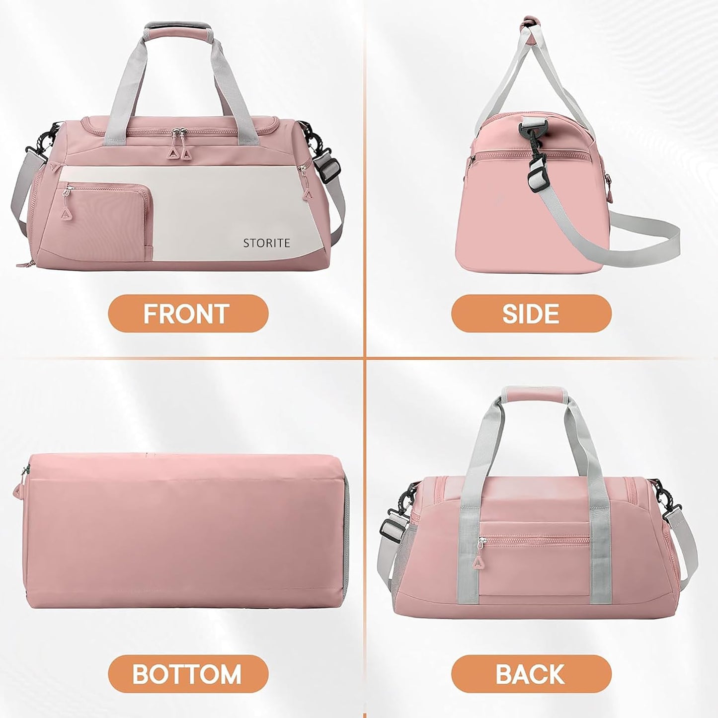 Storite 50 CM Nylon Travel Duffle Bag with Shoe Compartment & Wet Pocket for Women - Light Pink