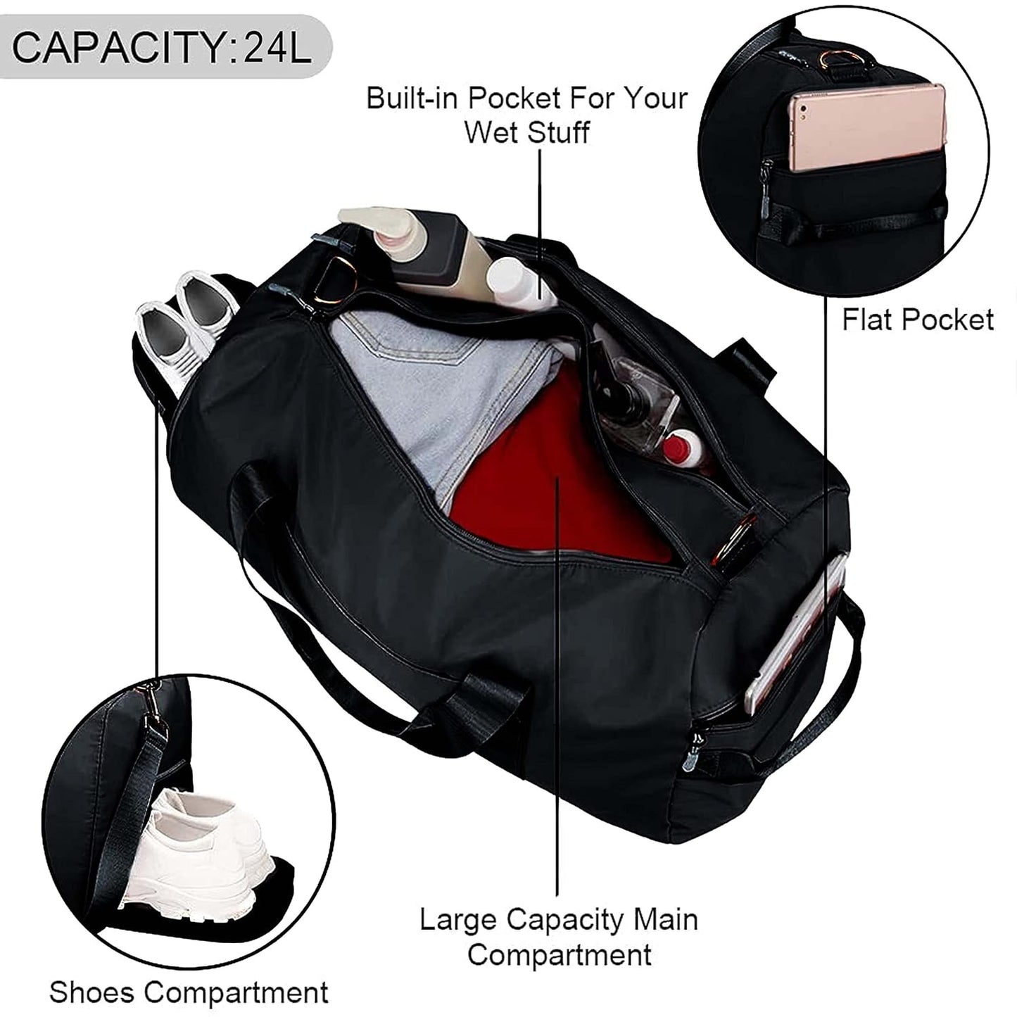 Storite 46 cm Foldable Travel Duffel Bag with Shoe & Wet Compartment - Black