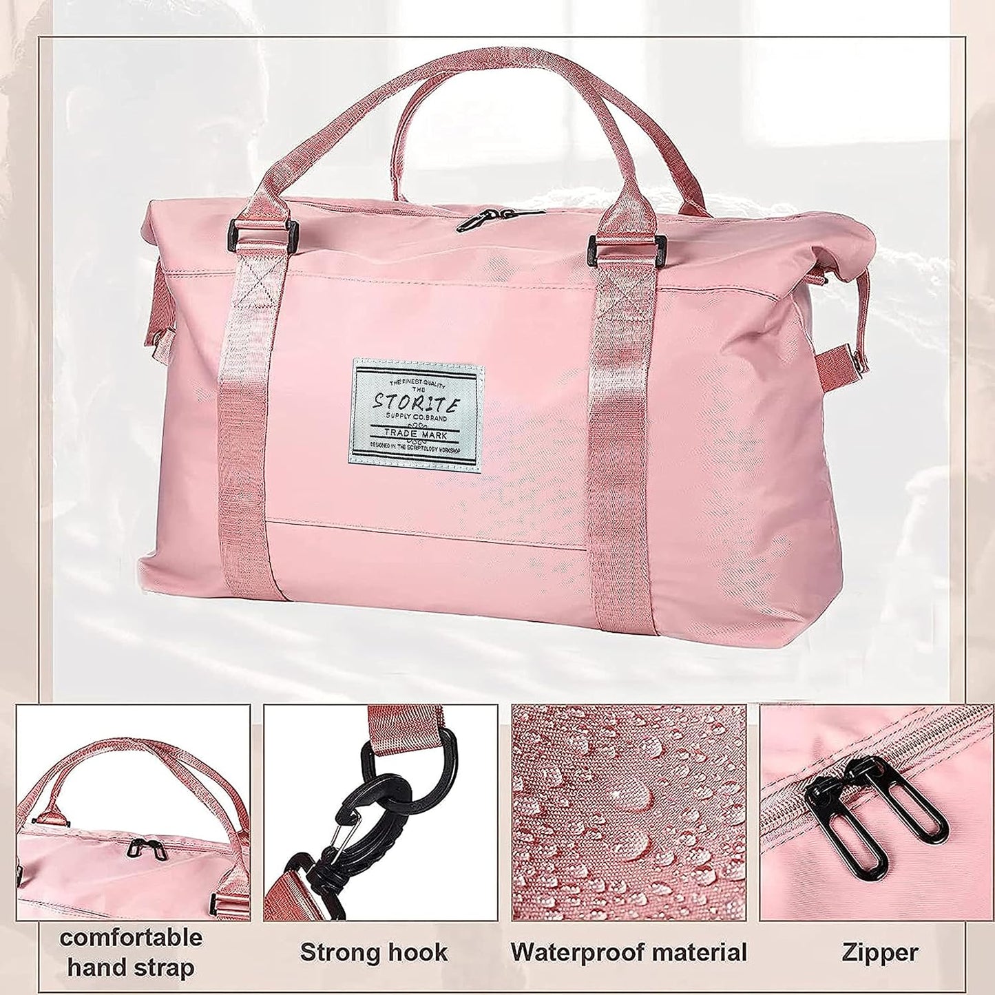 Storite 44cm Nylon Duffel Bag for Women - Waterproof Gym and Travel Tote with Wet Pocket - Pink