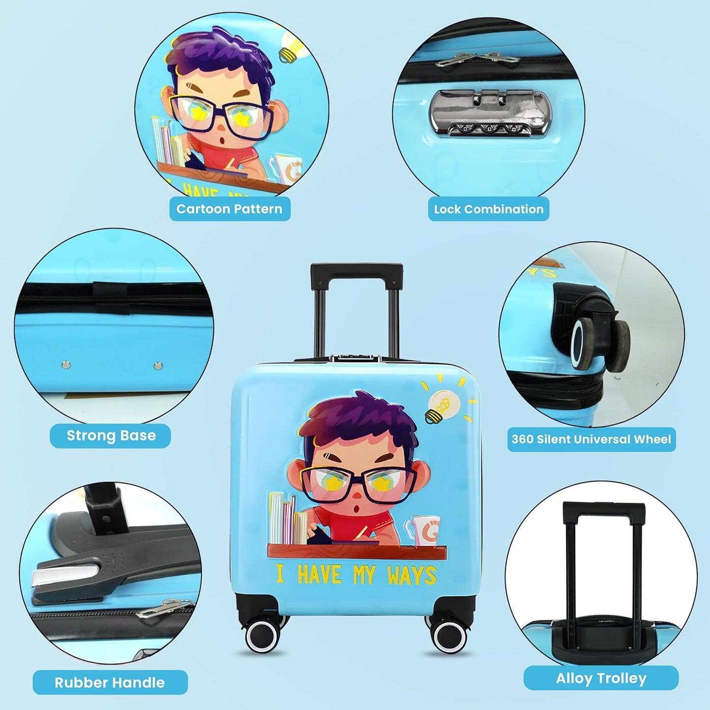 Storite 20 Inches Kids Polycarbonate Trolley Bag - Blue Cartoon Print