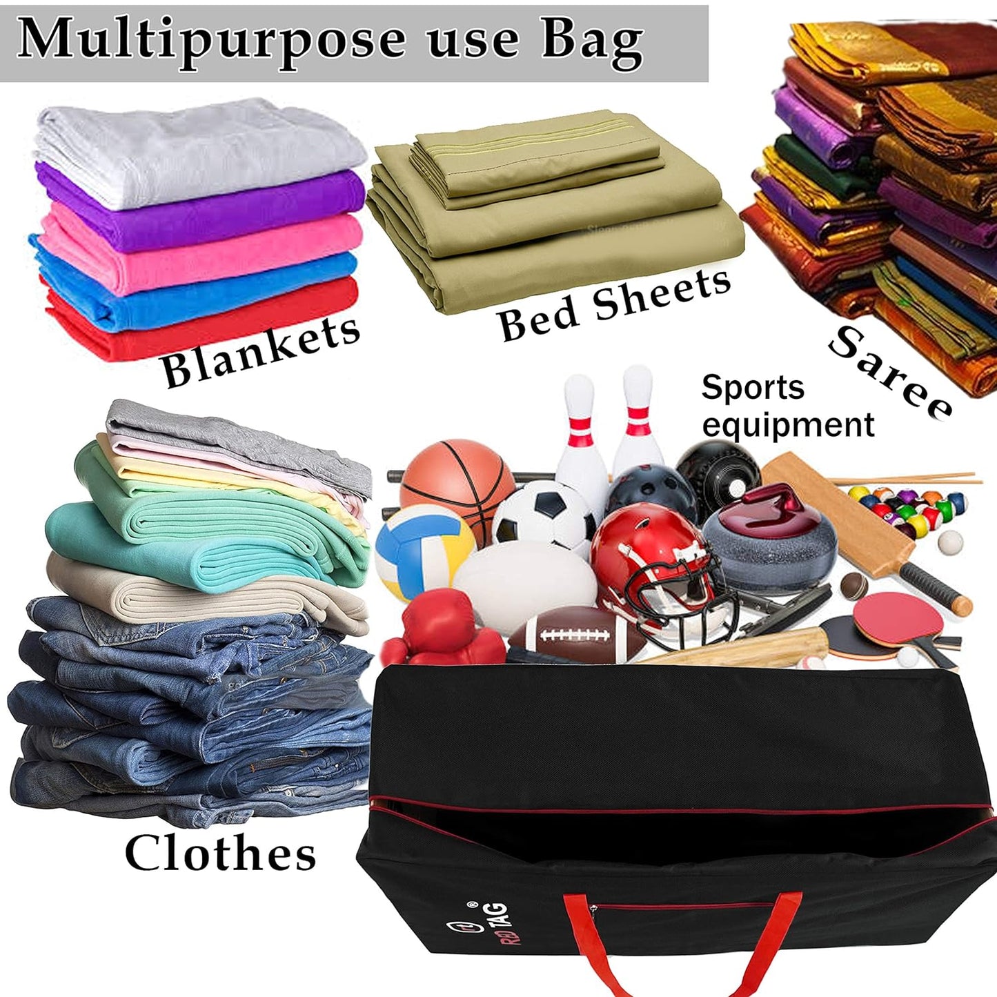 Storite Extra Large 236L Heavy Duty Moisture-Proof Storage Bag - 1680 Denier Nylon for Toys, Stationery, Blankets, and Clothes - Red & Black