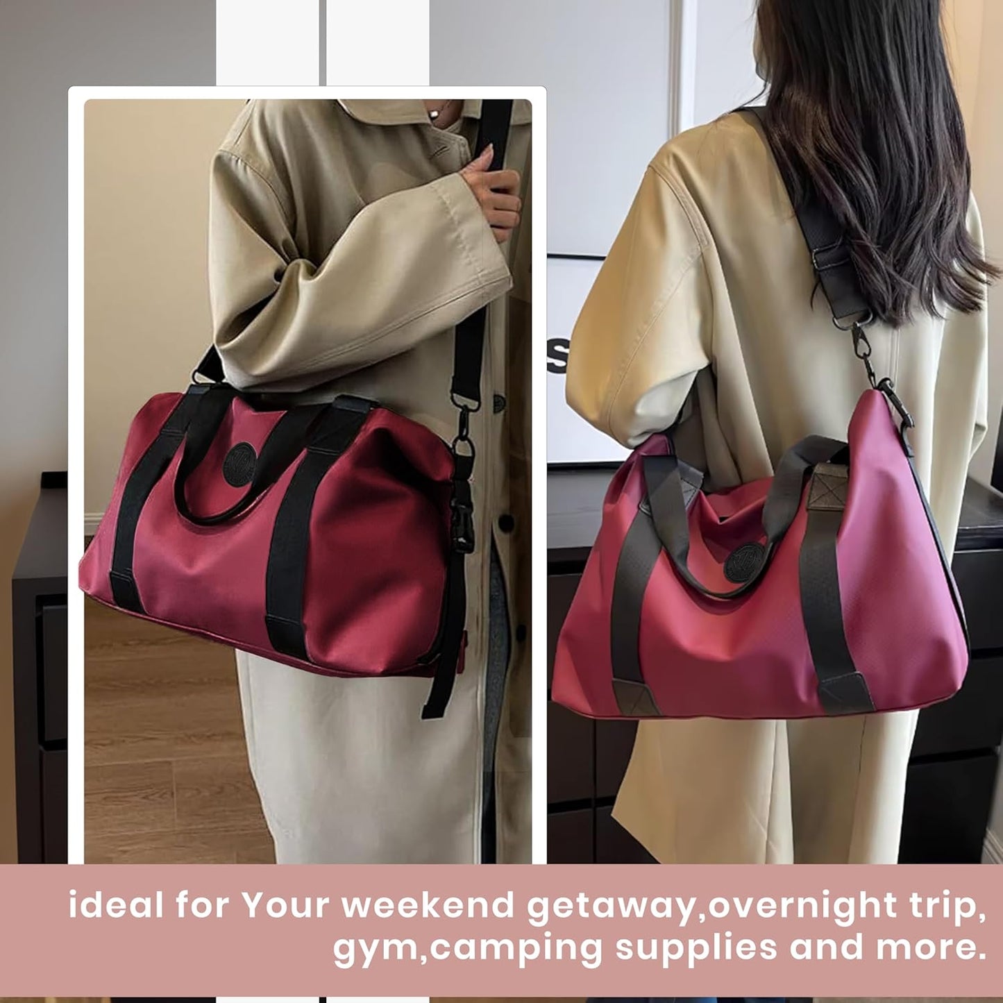 Storite Nylon 35 cm Women's Travel Duffle Bag with Wet Pocket, Trendy Weekender Shoulder Bag - Red Wine