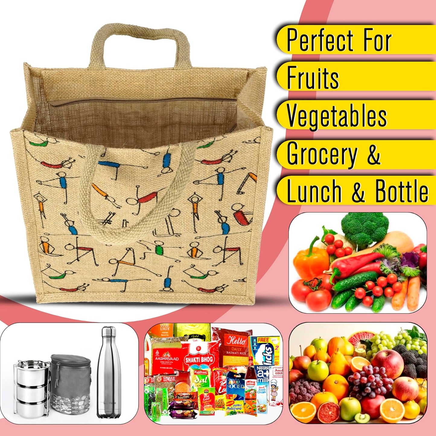 Storite Pack of 2 Eco-Friendly Jute Bags with Yoga Print - Reusable Grocery, Shopping, and Lunch Bags with Sturdy Handle and Zipper Lock