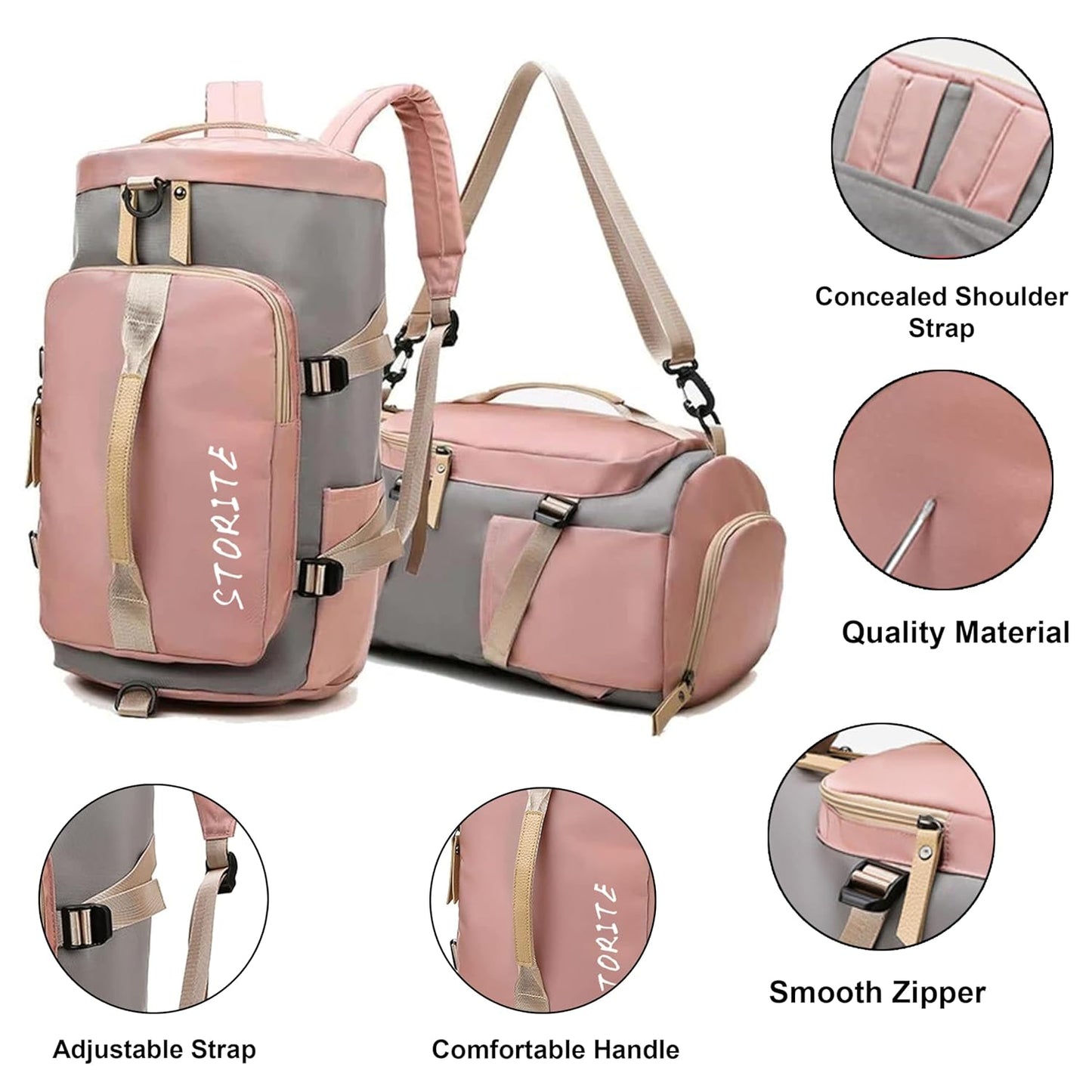 Storite - 25 CM Nylon Lightweight Waterproof Duffle Bag Pink/Grey