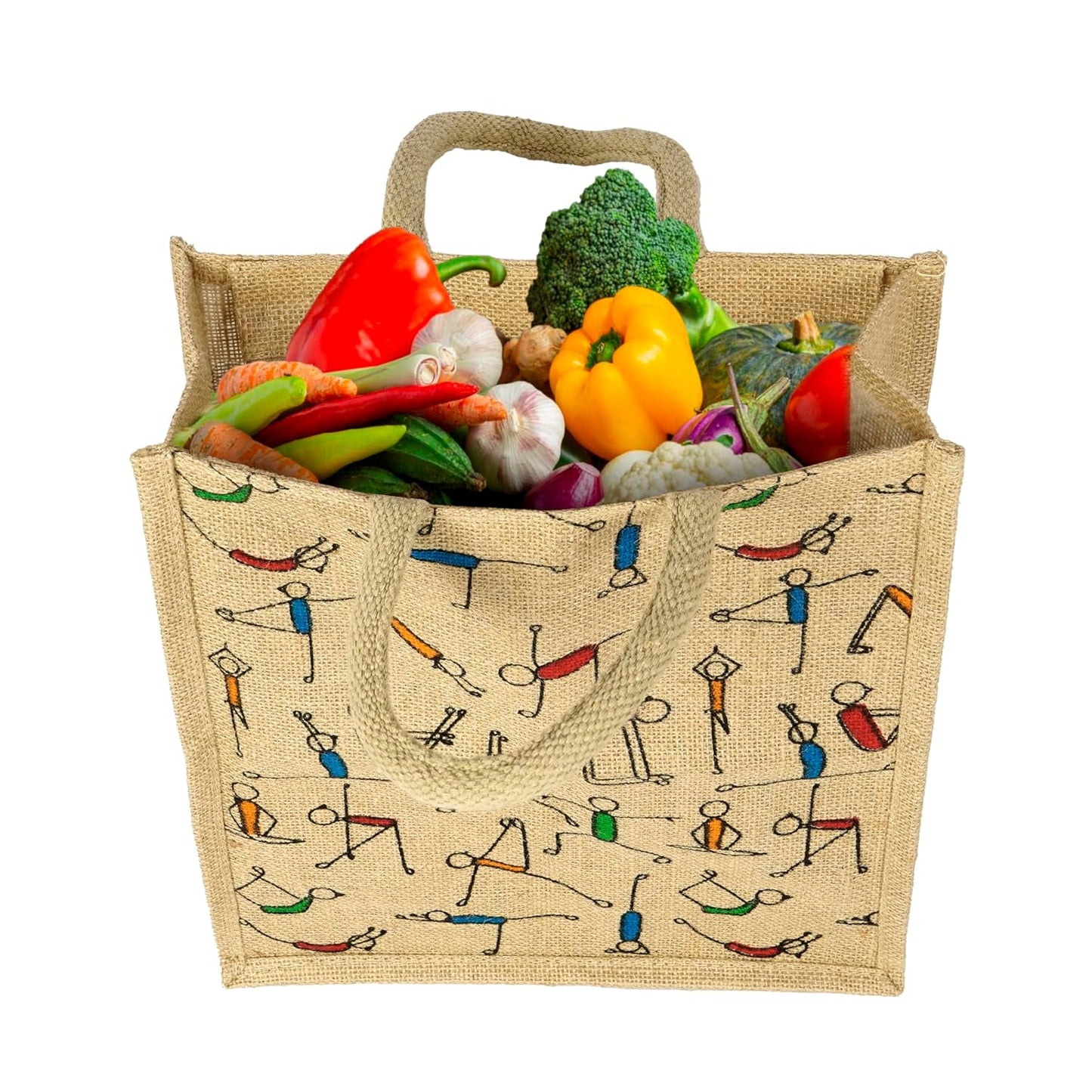 Storite Pack of 2 Eco-Friendly Jute Bags with Yoga Print - Reusable Grocery, Shopping, and Lunch Bags with Sturdy Handle and Zipper Lock