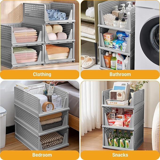 Storite Set of 2 Foldable Wardrobe Organizers - Stackable Plastic Racks for Clothes, Shirts, T-Shirts, and Jeans - Grey