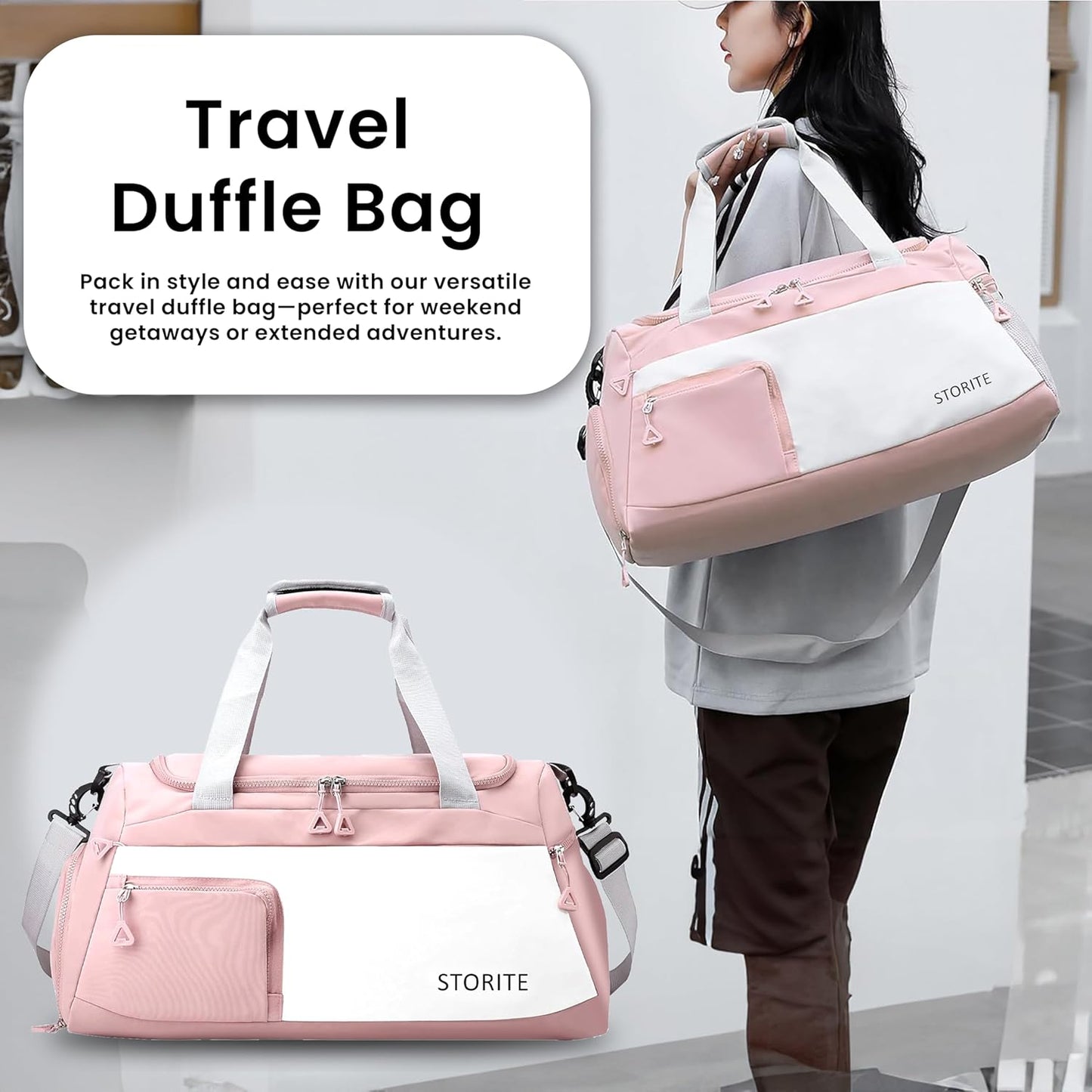 Storite 50 CM Nylon Travel Duffle Bag with Shoe Compartment & Wet Pocket for Women - Light Pink