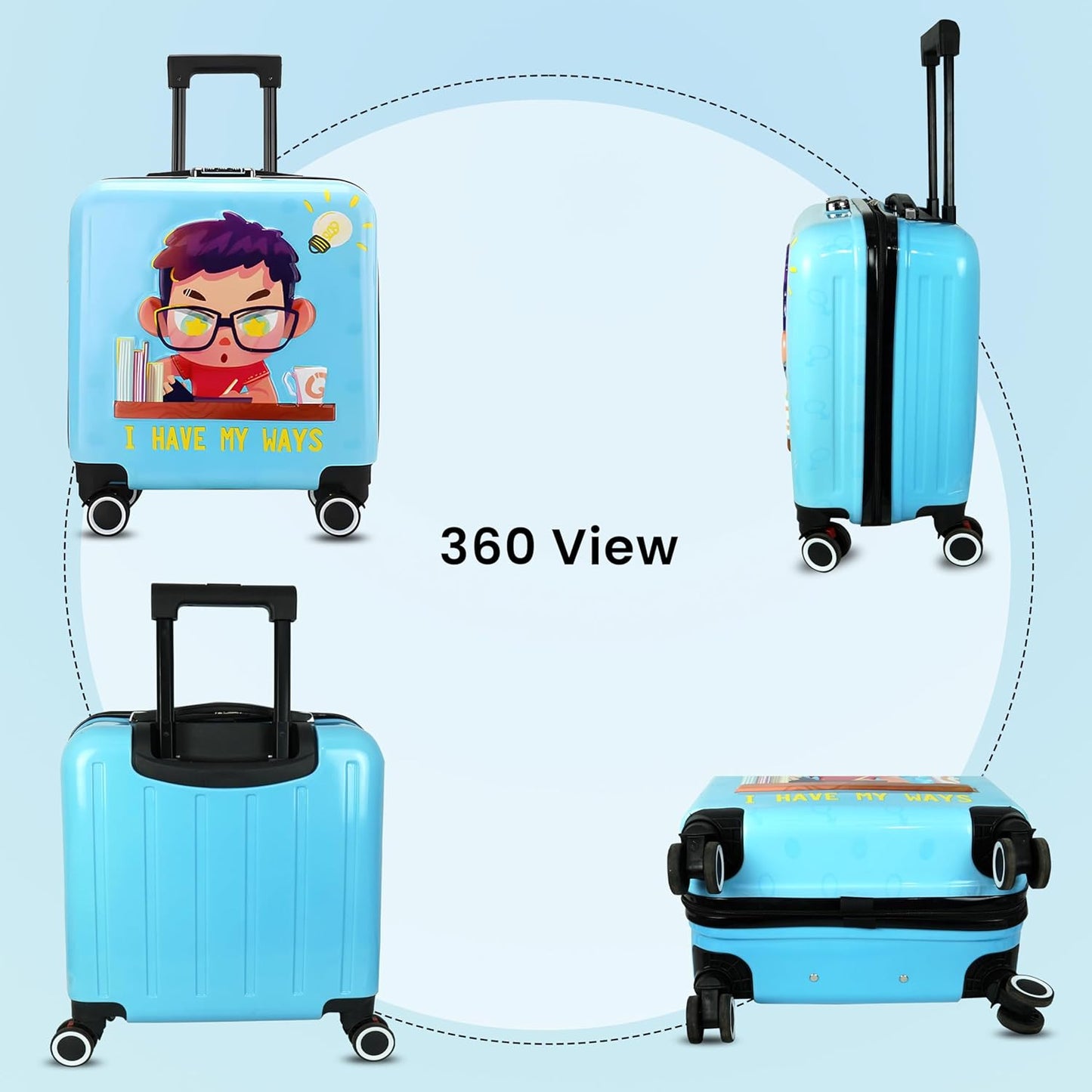 Storite 20 Inches Kids Polycarbonate Trolley Bag - Blue Cartoon Print