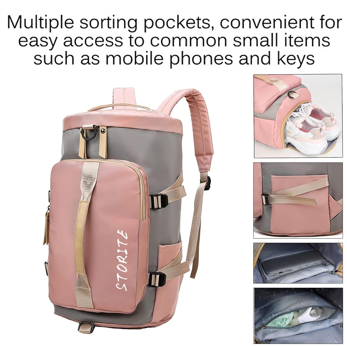 Storite - 25 CM Nylon Lightweight Waterproof Duffle Bag Pink/Grey