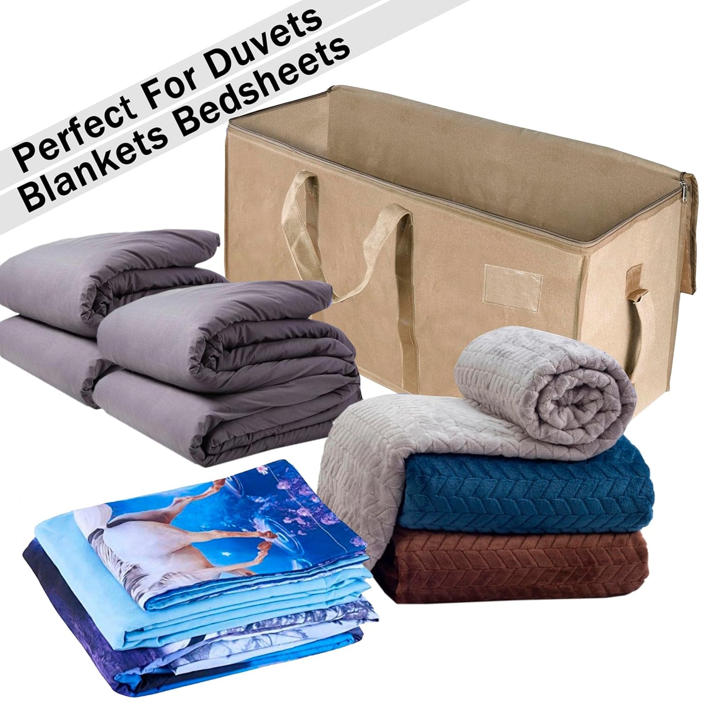 Storite Multi-Purpose Heavy Duty 90L Canvas Underbed Storage Bag - Moisture Proof, Jumbo Size for Toys, Blankets, Paper, and Clothes - Cream