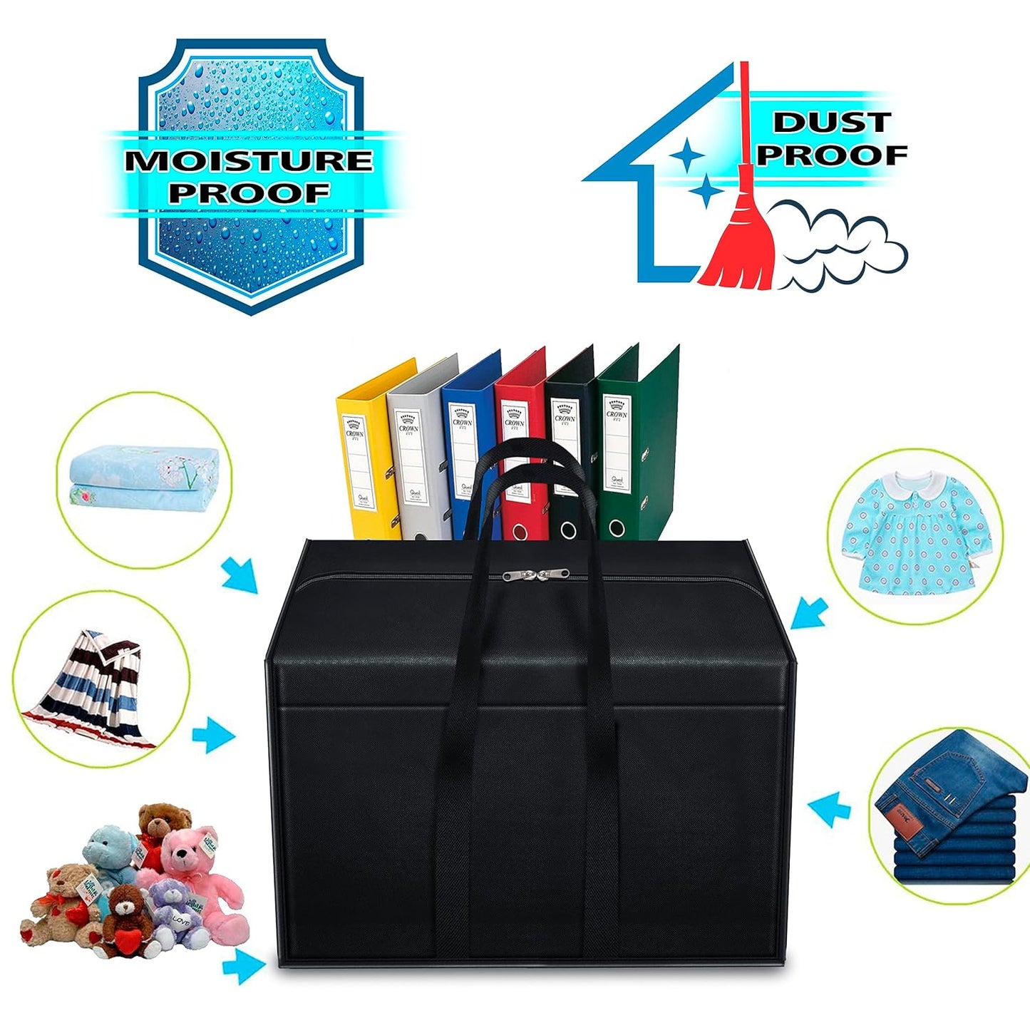 Storite 4 Pack 85L Moisture-Proof Nylon Underbed Storage Bags with Zipper & Handles - Ideal for Clothing, Toys, Stationery - Black