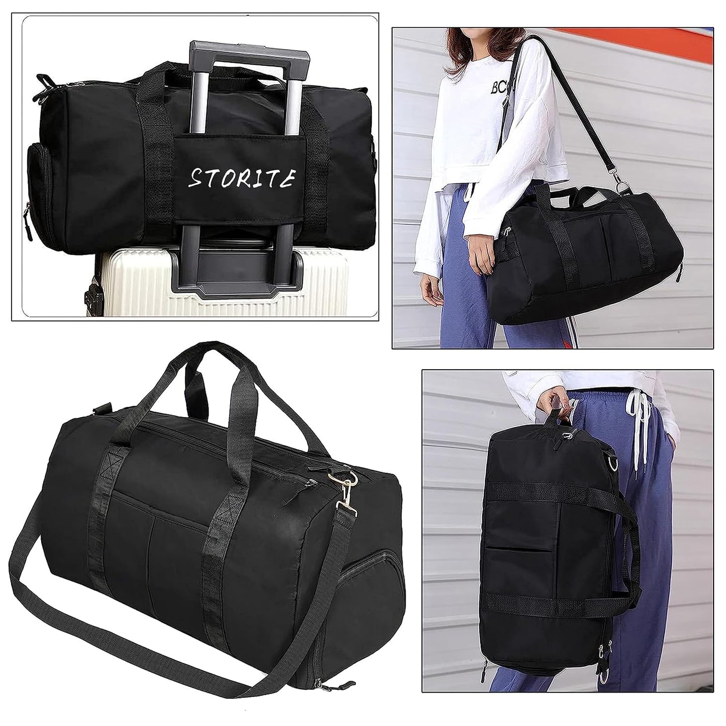 Storite 46 cm Foldable Travel Duffel Bag with Shoe & Wet Compartment - Black