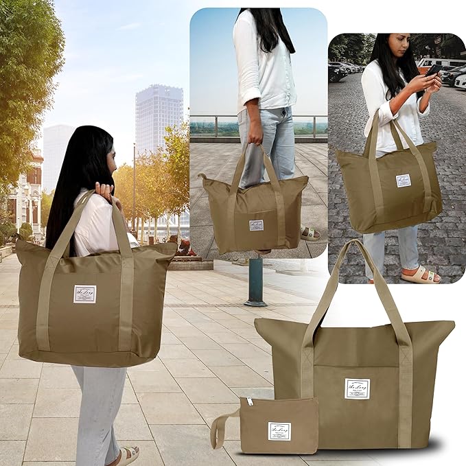 Storite Nylon Travel Duffle Bag - Lightweight, Expandable, with Trolley Sleeve Wet Pocket - Khaki, 62 x 43 x 45 CM