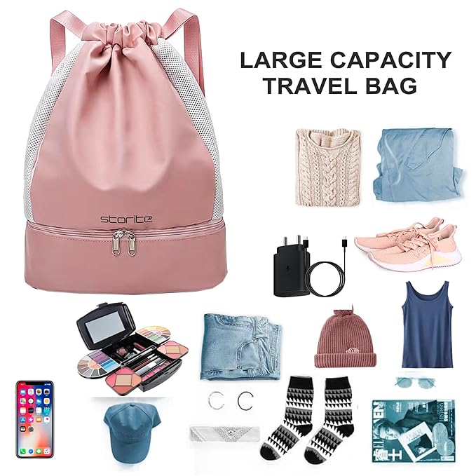 Storite Pink Drawstring Backpack with Shoe Compartment – Sports and Gym Bag for Men and Women