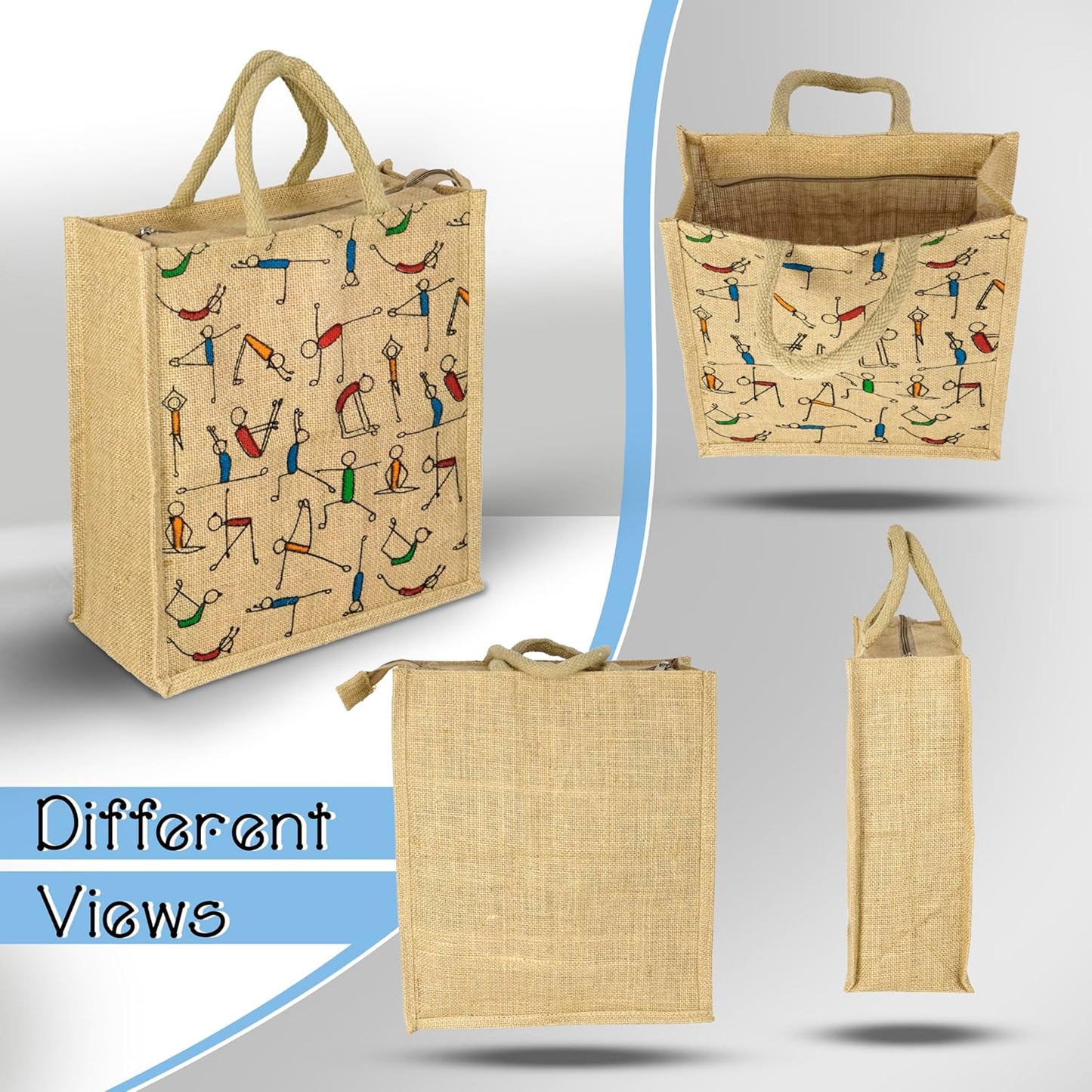 Storite Pack of 2 Eco-Friendly Jute Bags with Yoga Print - Reusable Grocery, Shopping, and Lunch Bags with Sturdy Handle and Zipper Lock