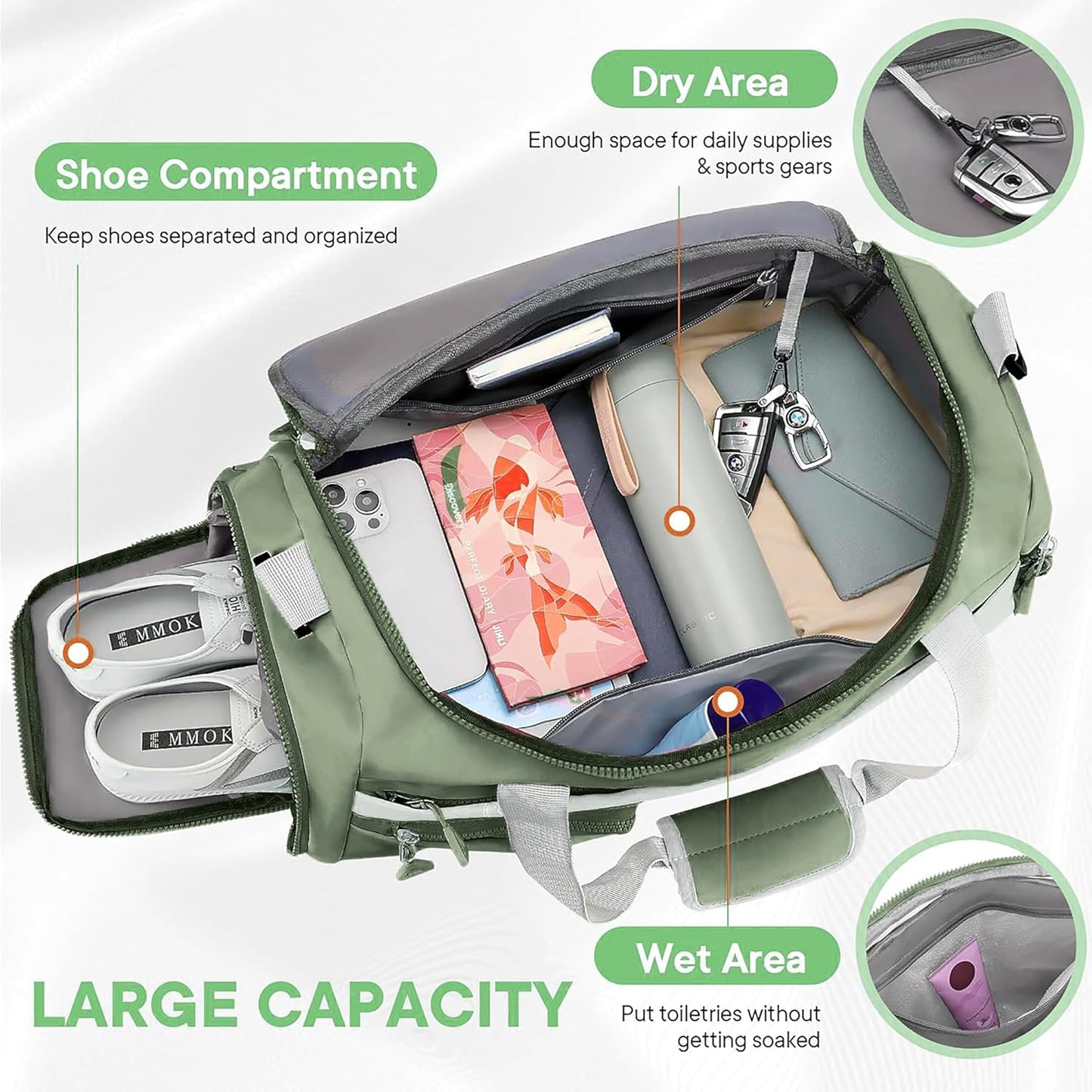 Storite 50 CM Nylon Travel Duffle Bag for Men & Women with Wet Pocket & Shoe Compartment - Green