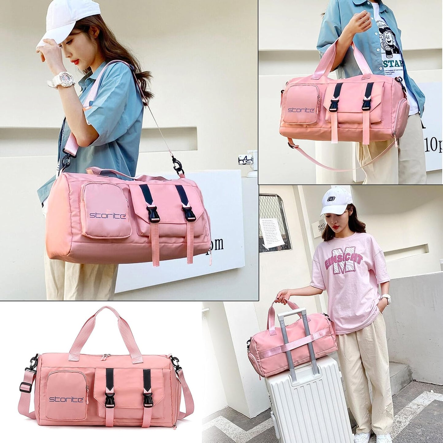 Storite 44 CM Nylon Travel Duffle Bag for Women, Waterproof with Shoe and Wet/Dry Compartments - Pink