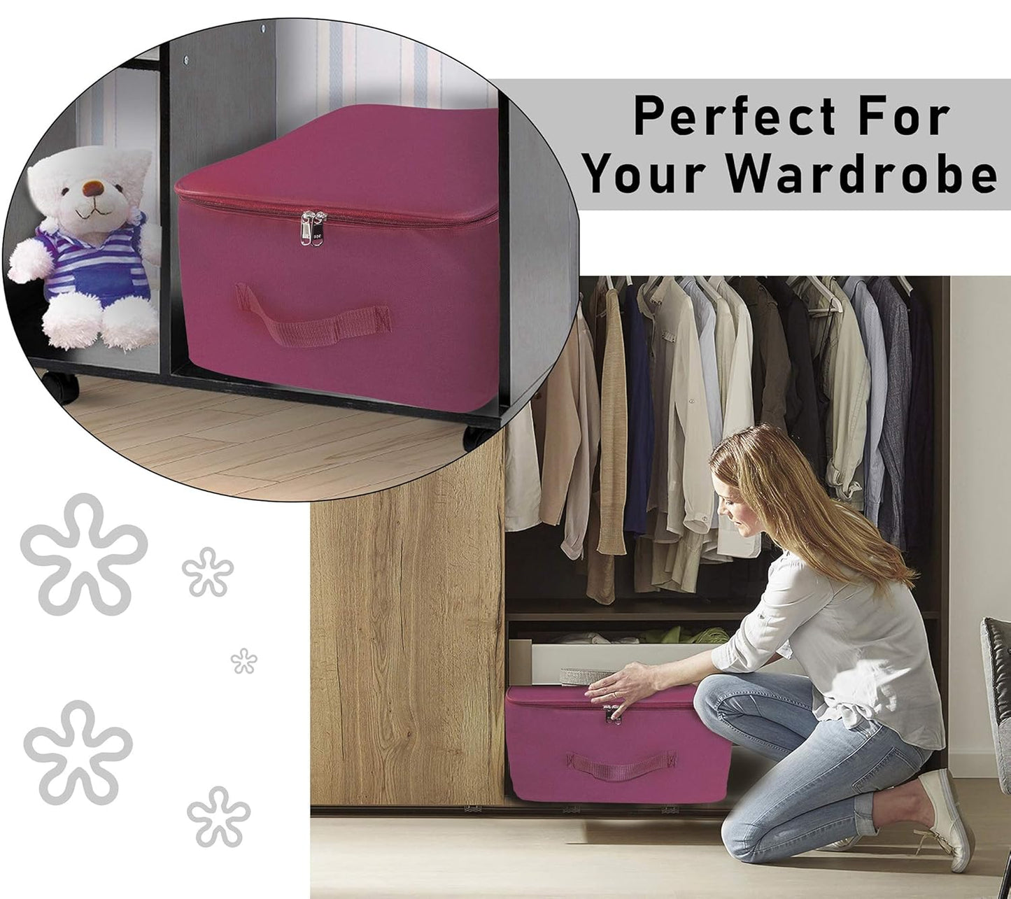 Storite 2 Pack Nylon Underbed Wardrobe Storage Bags - Moisture-Proof Cloth Organizer with Zipper & Handle - Magenta