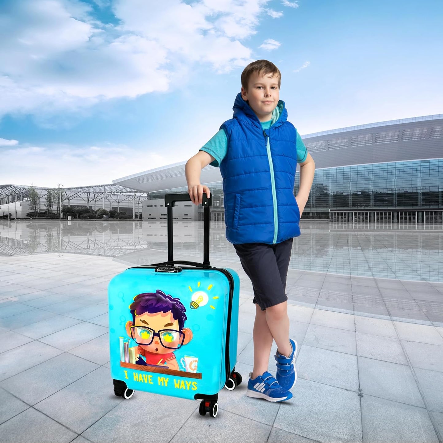 Storite 20 Inches Kids Polycarbonate Trolley Bag - Blue Cartoon Print
