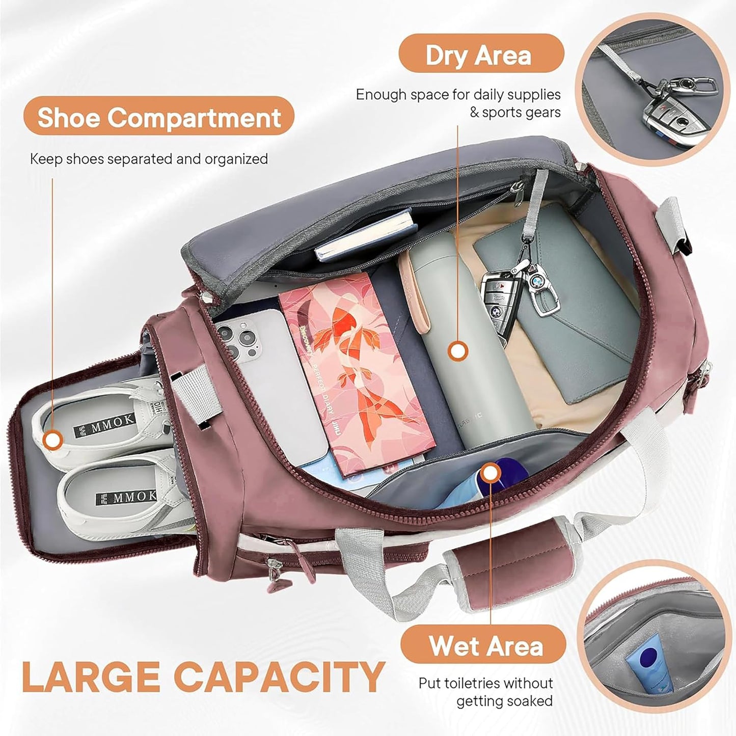 Storite 50 CM Nylon Travel Duffle Bag with Wet Pocket & Shoe Compartment for Women - Deep Pink