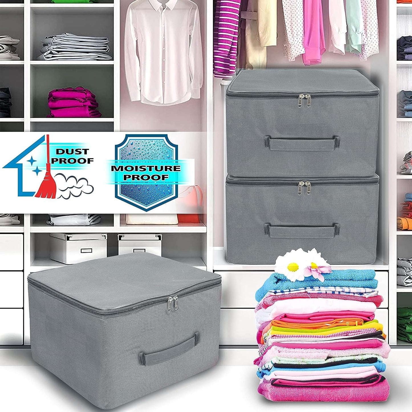 Storite 2 Pack Nylon Wardrobe Underbed Moisture-Proof Cloth Storage Bags with Zipper & Handle - Grey