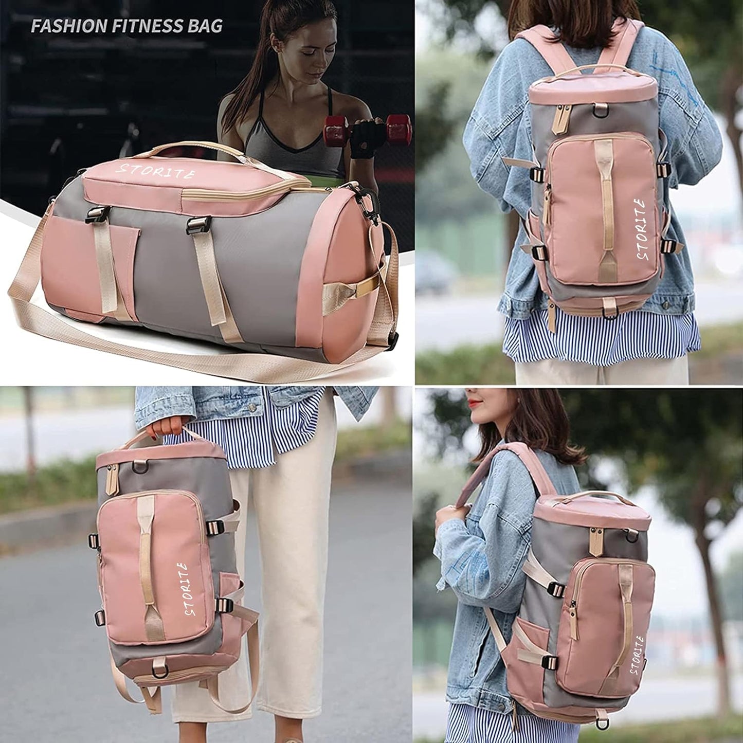 Storite - 25 CM Nylon Lightweight Waterproof Duffle Bag Pink/Grey