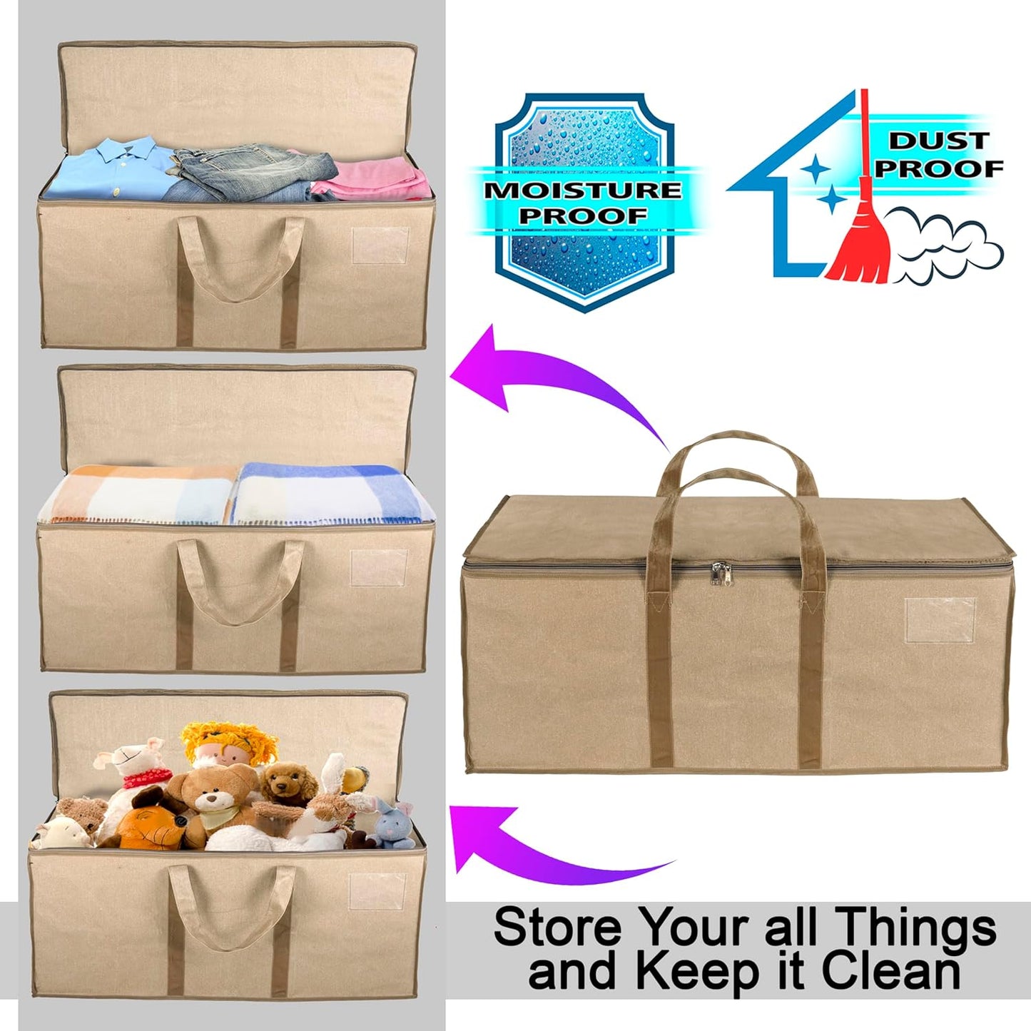 Storite Multi-Purpose Heavy Duty 90L Canvas Underbed Storage Bag - Moisture Proof, Jumbo Size for Toys, Blankets, Paper, and Clothes - Cream