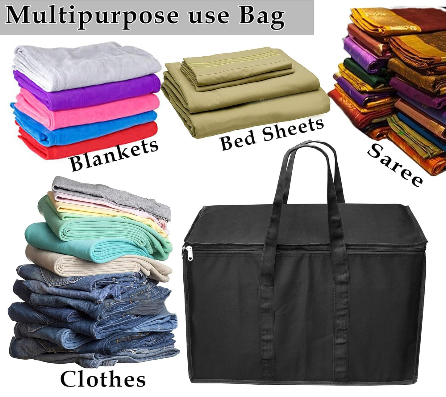 Storite Heavy Duty Nylon 70 L Multi-Purpose Moisture Proof Large Storage Bag for Toys/Stationery/Blankets/Clothes/Moving Bags With Strong Handles Rectangular (Black, 55.8x34x36.8cm)