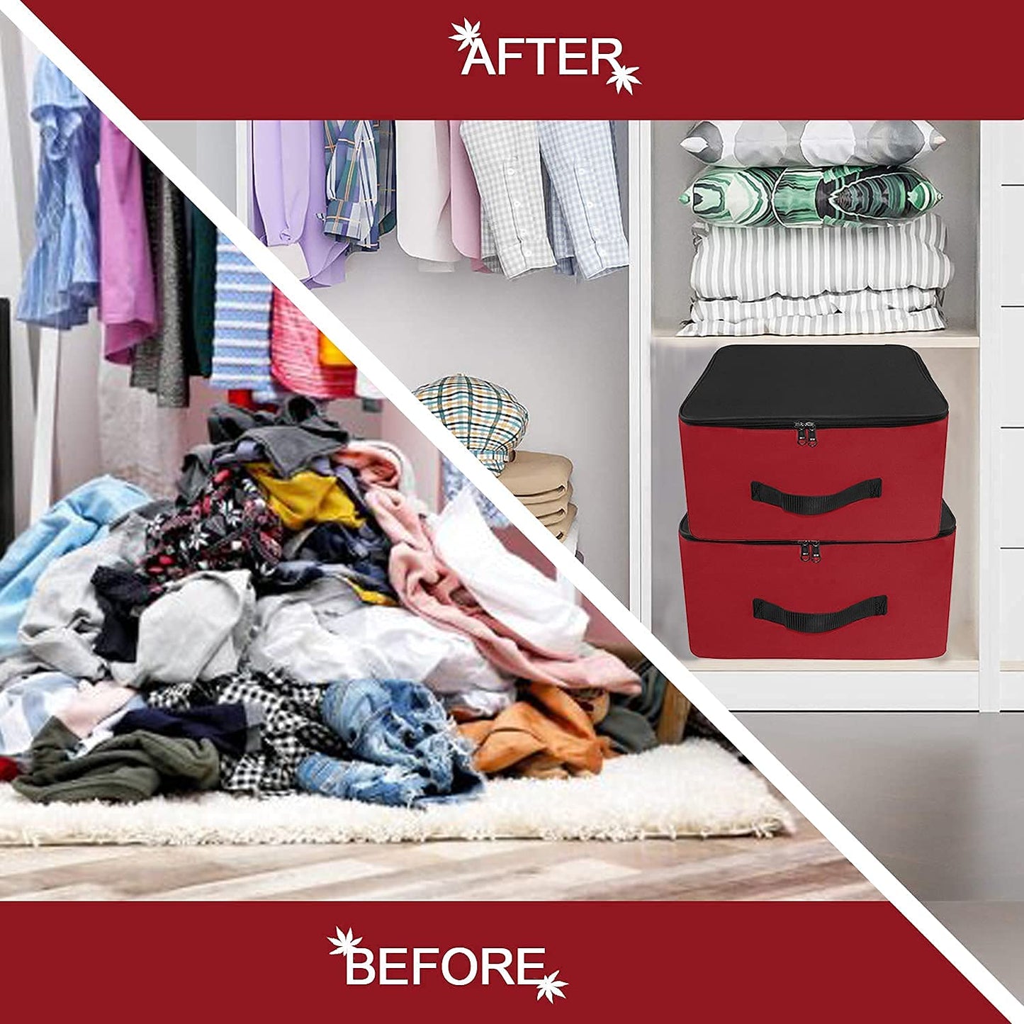 Storite 2 Pack Nylon Underbed Moisture Proof Wardrobe Organizer Storage Bag for Clothes With Zipper Closure and Handle Square - (Red & Black, 38.1x25.4x35 cm)
