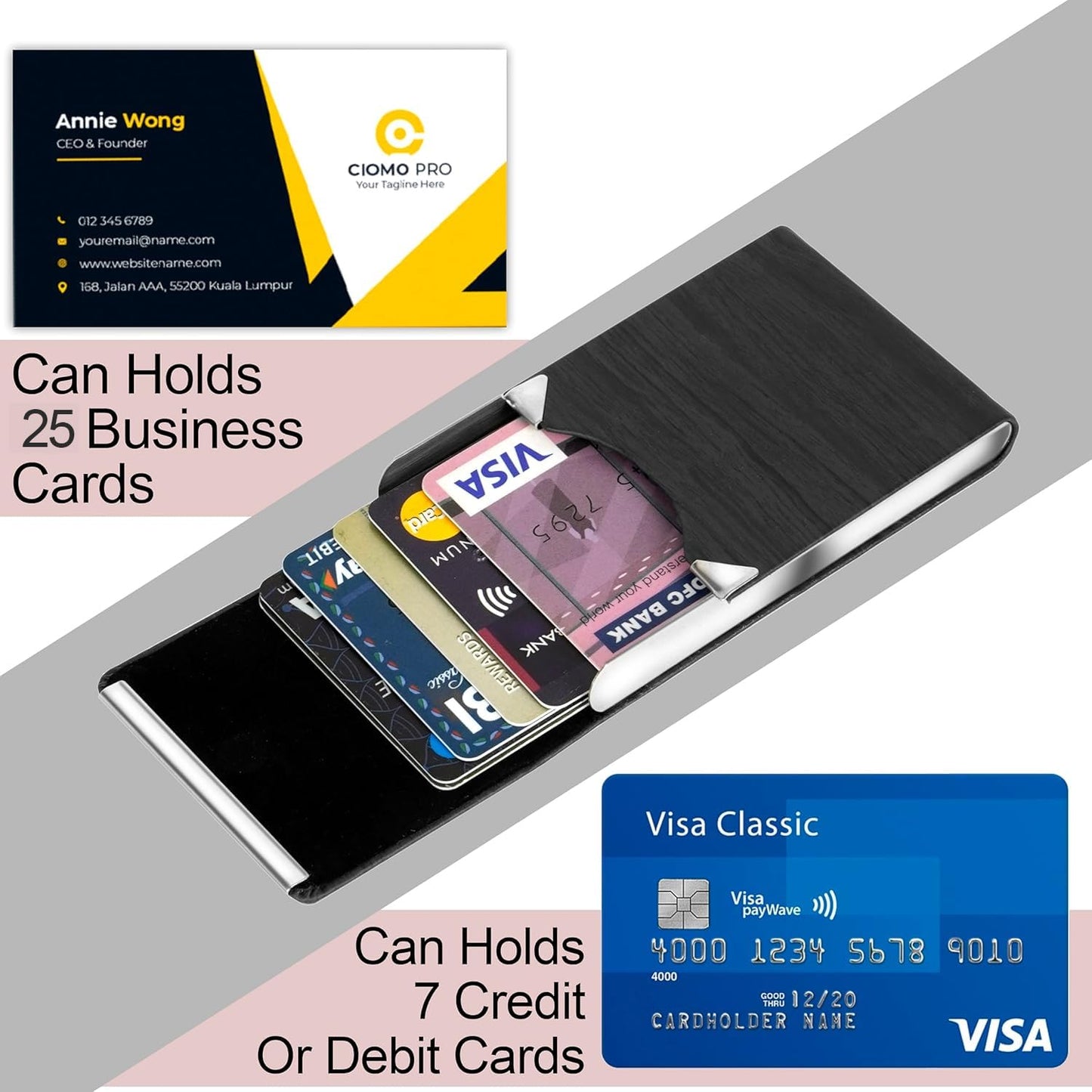 Storite Vertical Wooden Texture Card Holder, PU Leather and Stainless Steel Credit Card Wallet, Business Card Holder for Men and Women (Black -9 x 1 x 6 Cm)