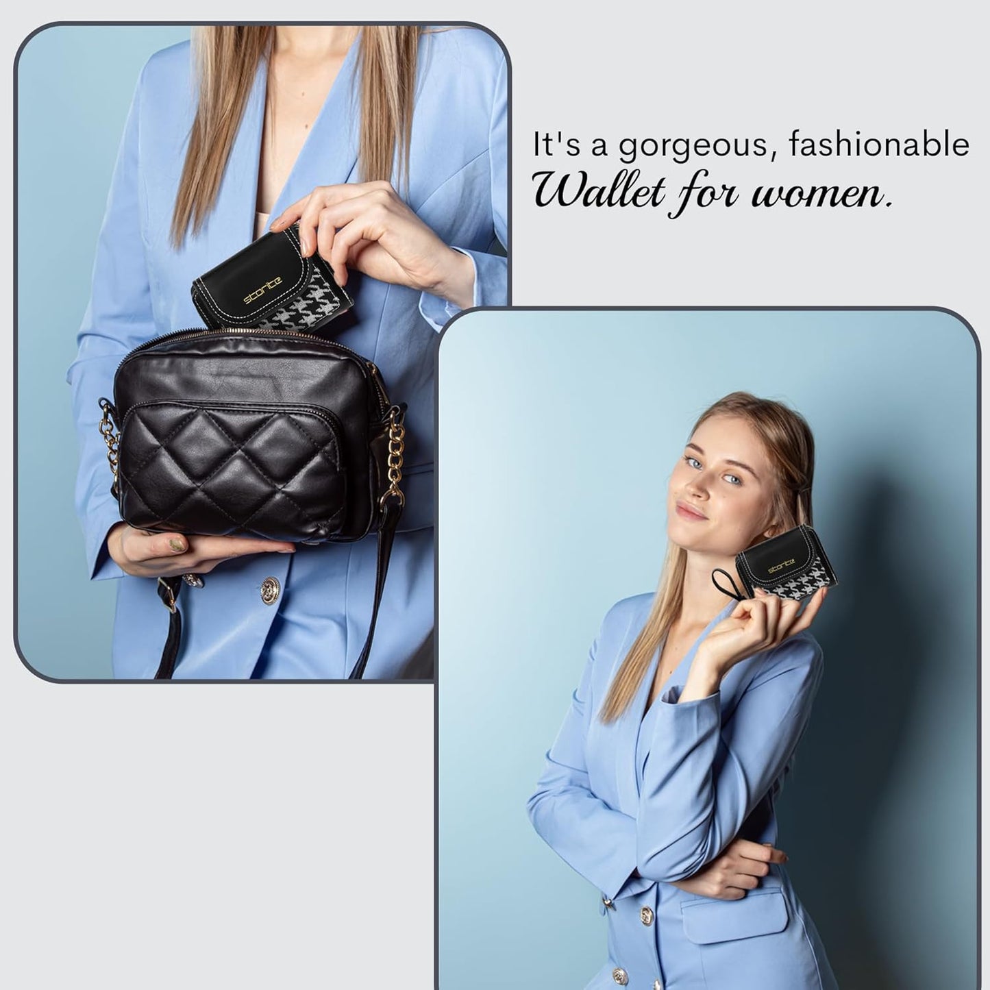 Storite Womens Stylish Compact Leather Wallet 5 Card Slots,1 ID Window, Ladies Mini Purse Money Pocket with Zipper Closure (Black - 11 x 3 x 9 Cm)