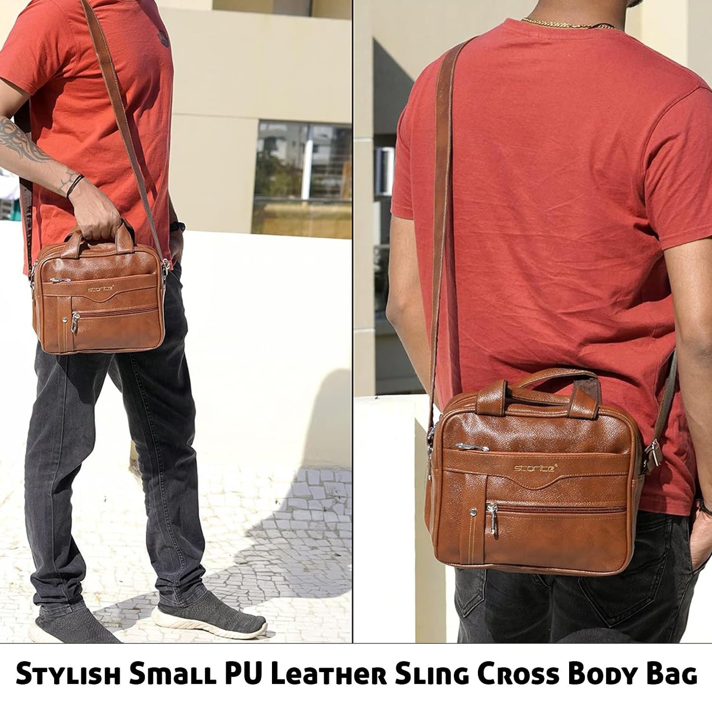 Storite 8 Inch Stylish Small PU Leather Sling Cross Body Travel Office One Side Shoulder Bag for Men Women - Coffee Brown (25 x 11 x 20 Cm)