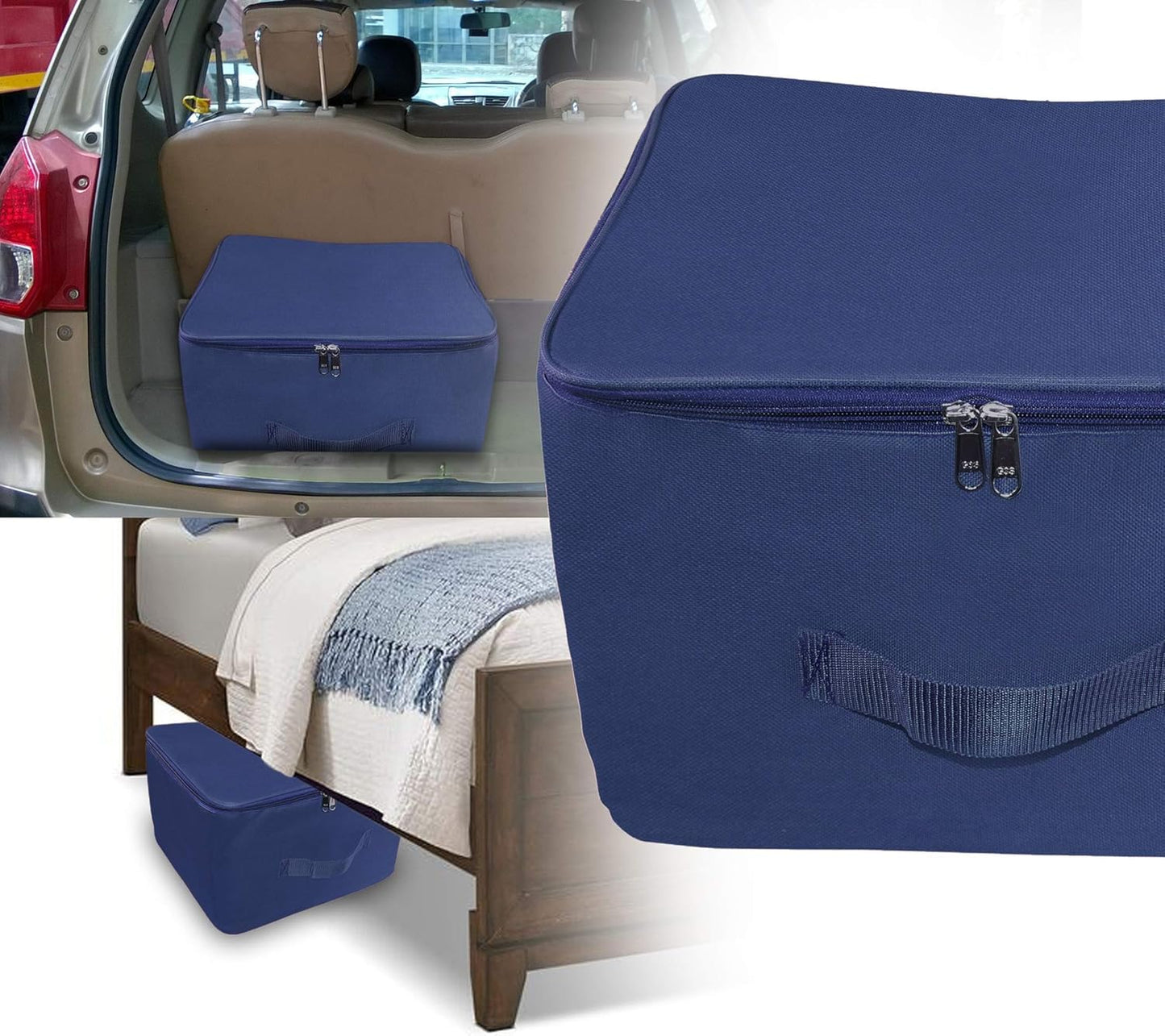 Storite 2 Pack Nylon Wardrobe Bag Underbed Moisture Proof Cloth Storage Organizer, Storage box for Clothes Saree Bags with Zippered Closure & Handle (Blue, 38x35.5x25.4 cm)