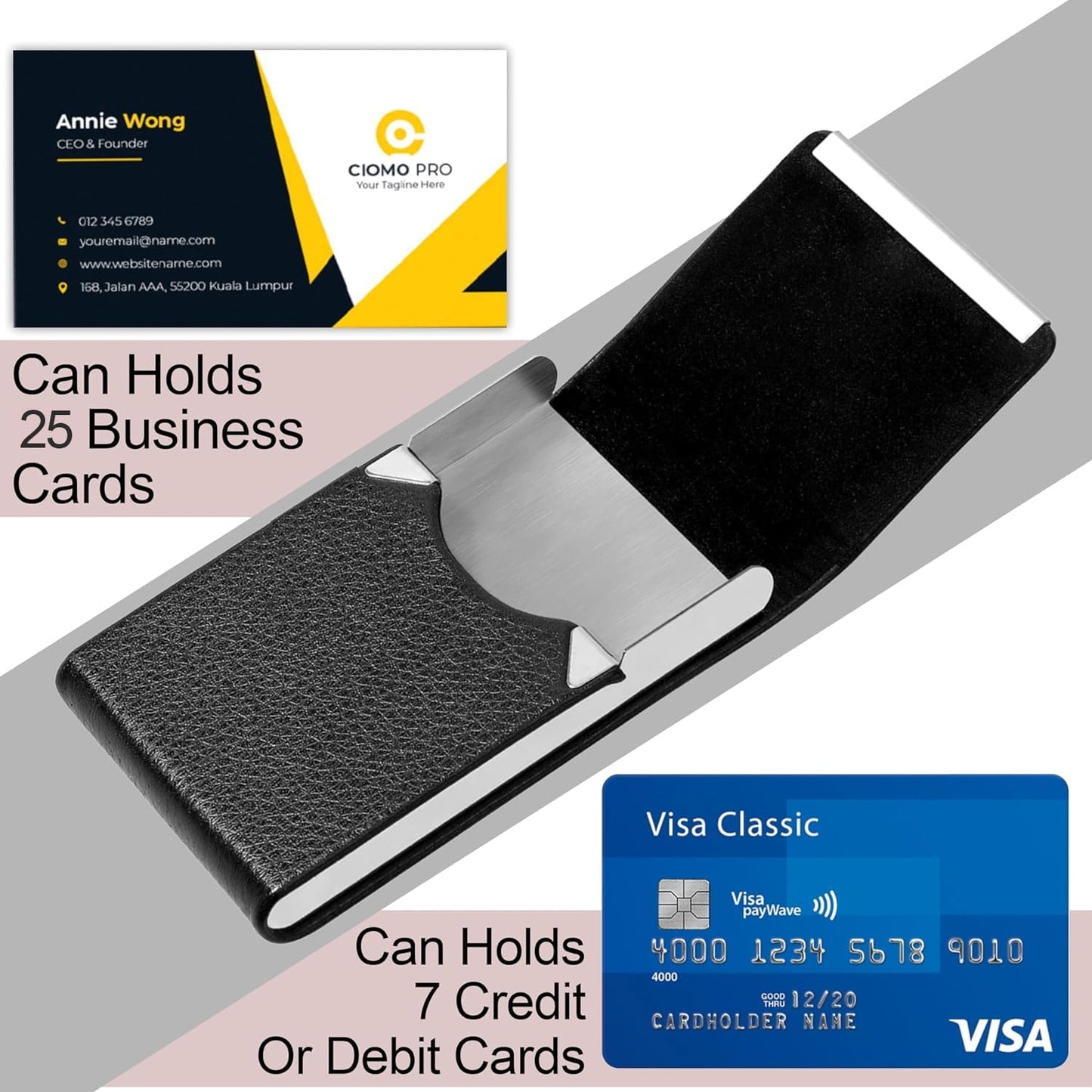Storite Vertical Card Holder, PU Leather and Stainless Steel Credit Card Wallet, Business Card Holder for Men and Women (Black -9 x 1 x 6 Cm)