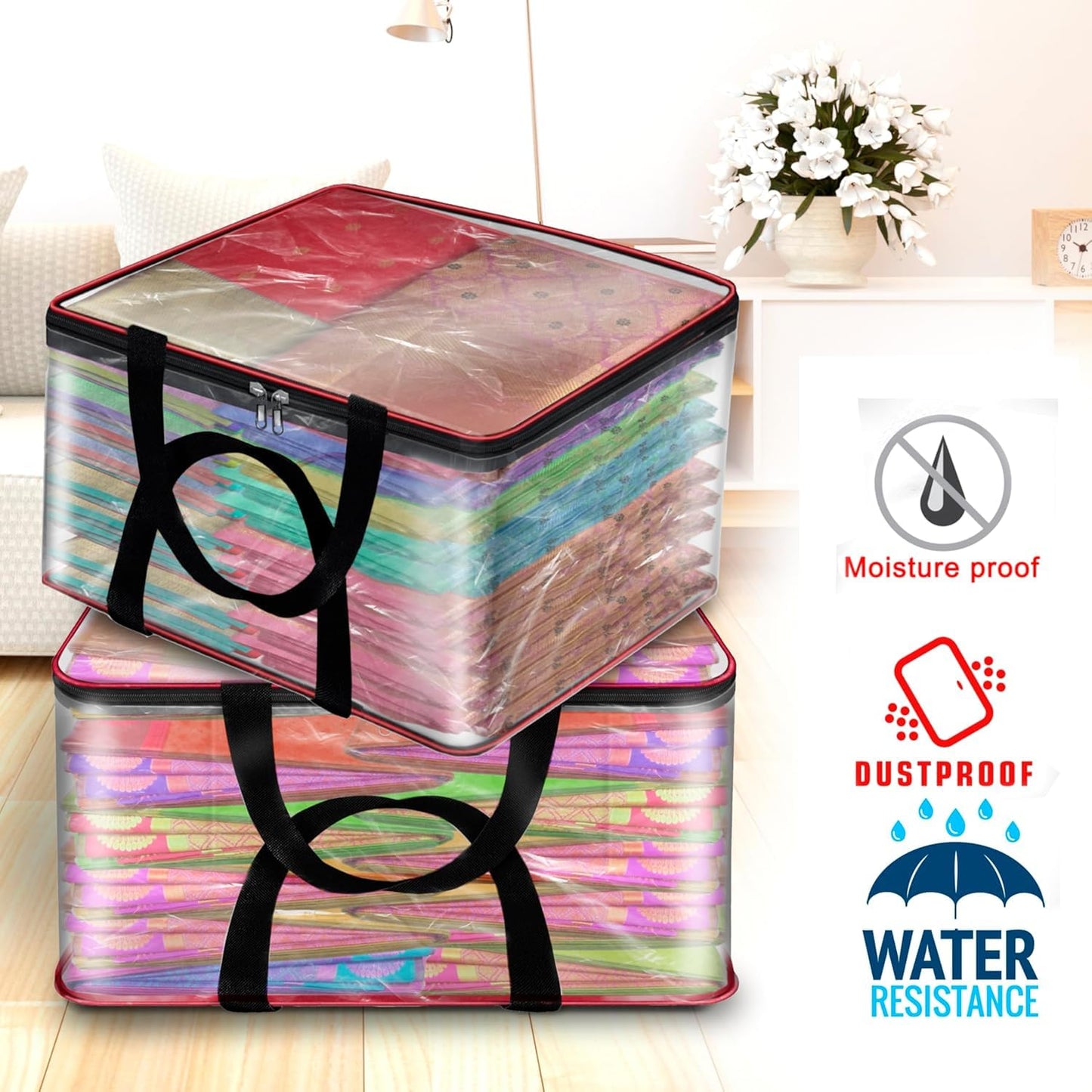 Storite 2 Pack Nylon 33 L PVC Transparent Clothes storage Bags/Saree Covers with Zip for Storage Specially Design for Woman Dresses,Sarees,Lehngas for Wardrobe Organizer(Redblack, 40 x 31x 24 cm)