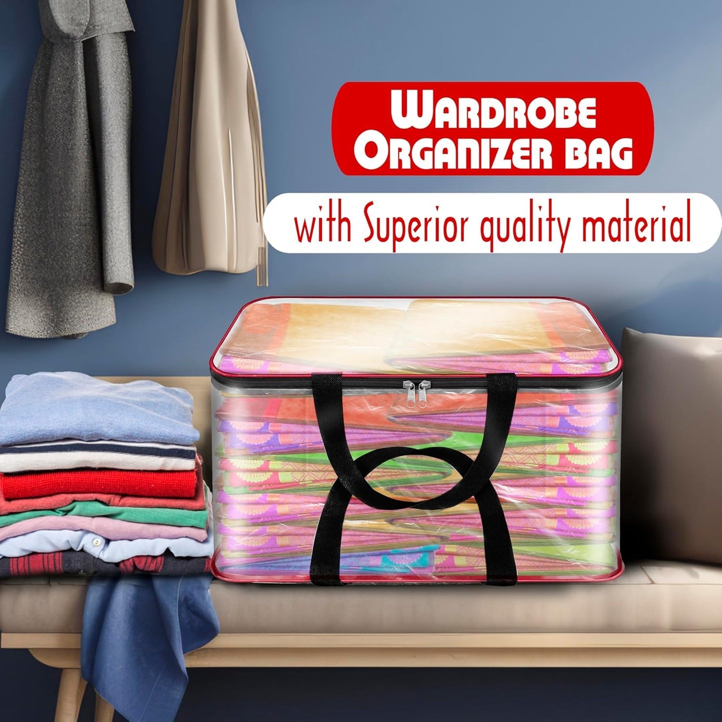 Storite 2 Pack Nylon 33 L PVC Transparent Clothes storage Bags/Saree Covers with Zip for Storage Specially Design for Woman Dresses,Sarees,Lehngas for Wardrobe Organizer(Redblack, 40 x 31x 24 cm)